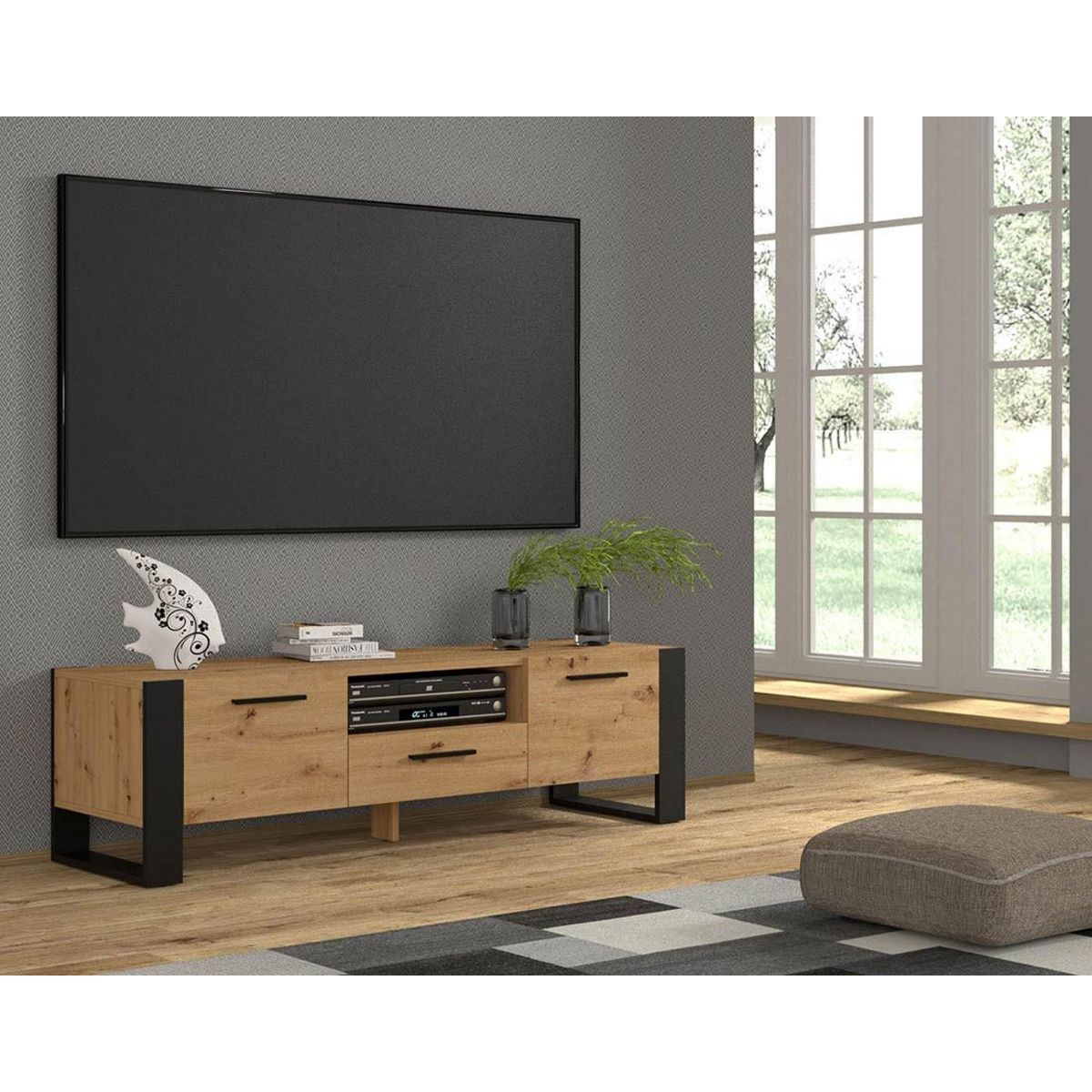 BEST MOBILIER Donnely - meuble tv - effet bois et noir - 160 cm