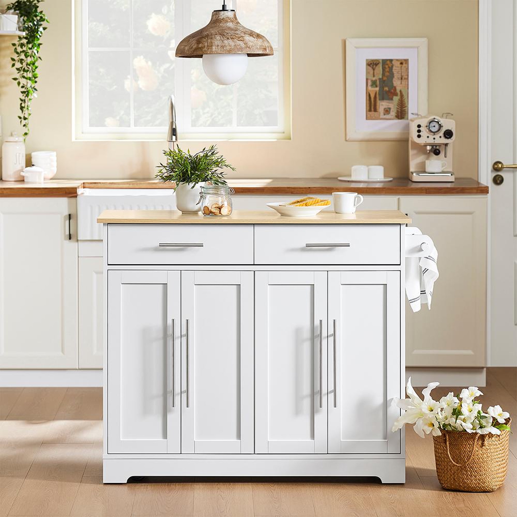 Voir la diapositive 2 : SOBUY SoBuy - Îlot De Cuisine à deux tiroirs - Blanc - 107x44x91cm - Nordique - FKW129-NW