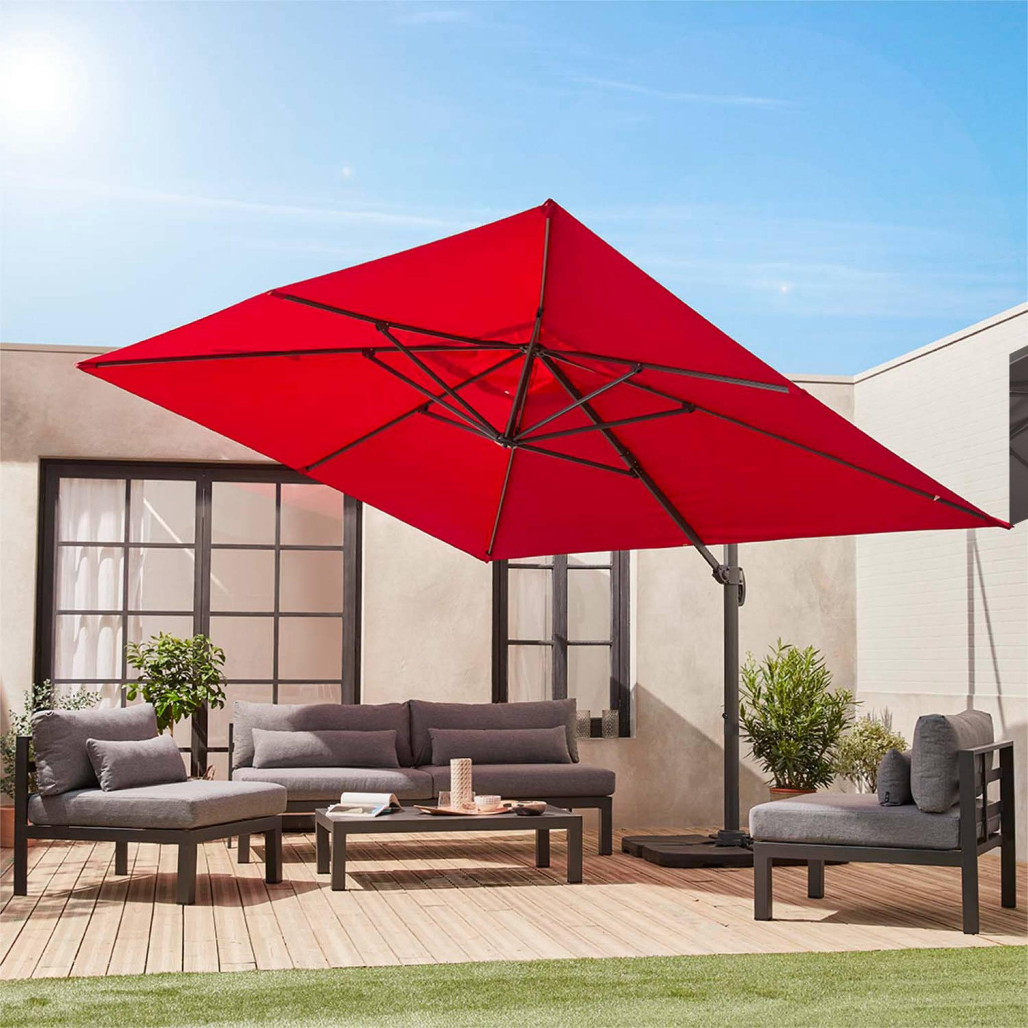Voir la diapositive 3 : SWEEEK Parasol déporté rectangulaire 3x4 m - Wimereux - Parasol excentré inclinable dans 6 positions, rotatif à 360° + dalles à lester 50x50cm