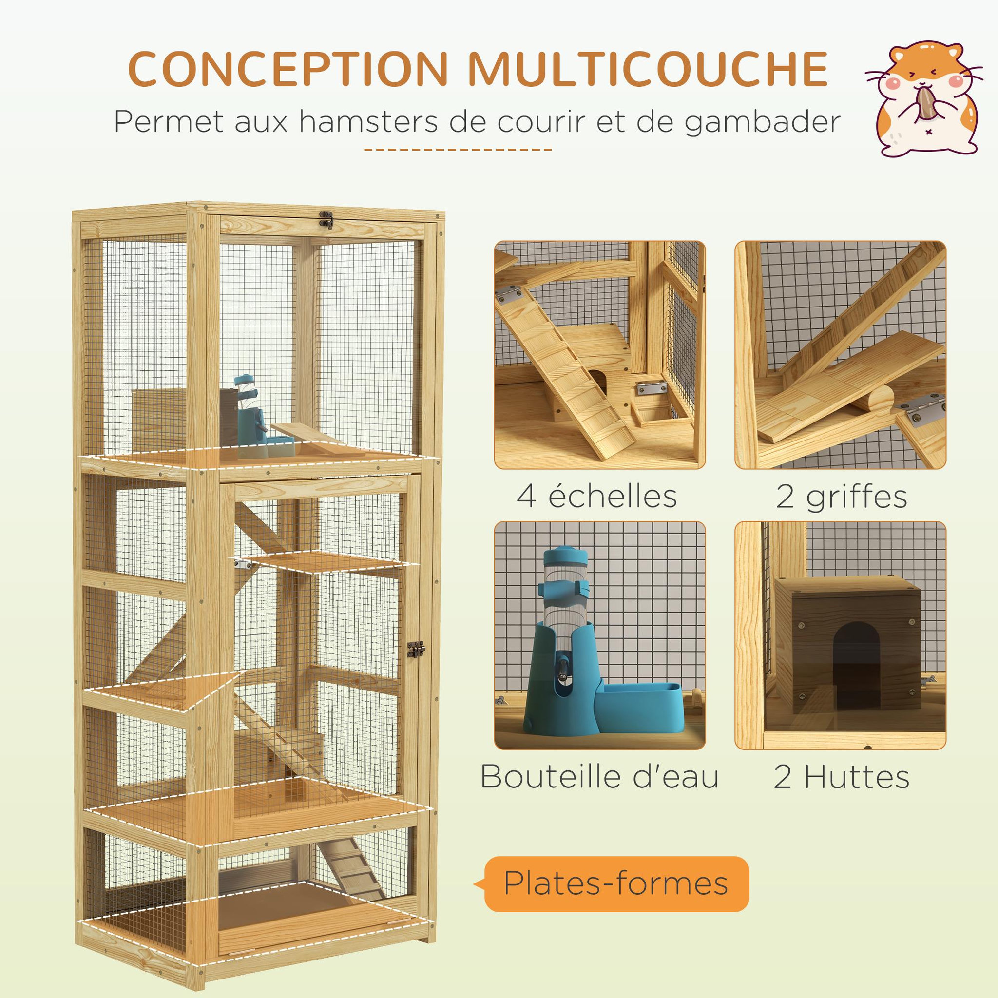 Voir la diapositive 4 : PAWHUT Cage pour rongeurs petits animaux en bois 5 niveaux - échelle, niche, balançoire, plateau amovible, abreuvoir