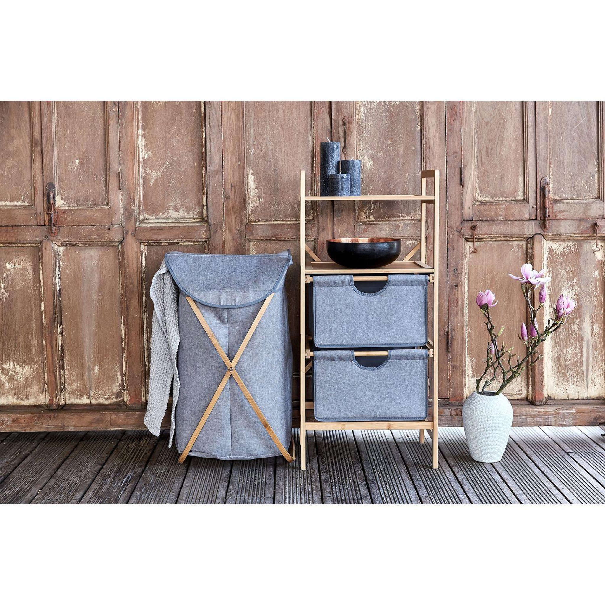 Voir la diapositive 2 : Wenko Etagère de salle de bain en bambou 2 tiroirs - h. 96 cm - gris