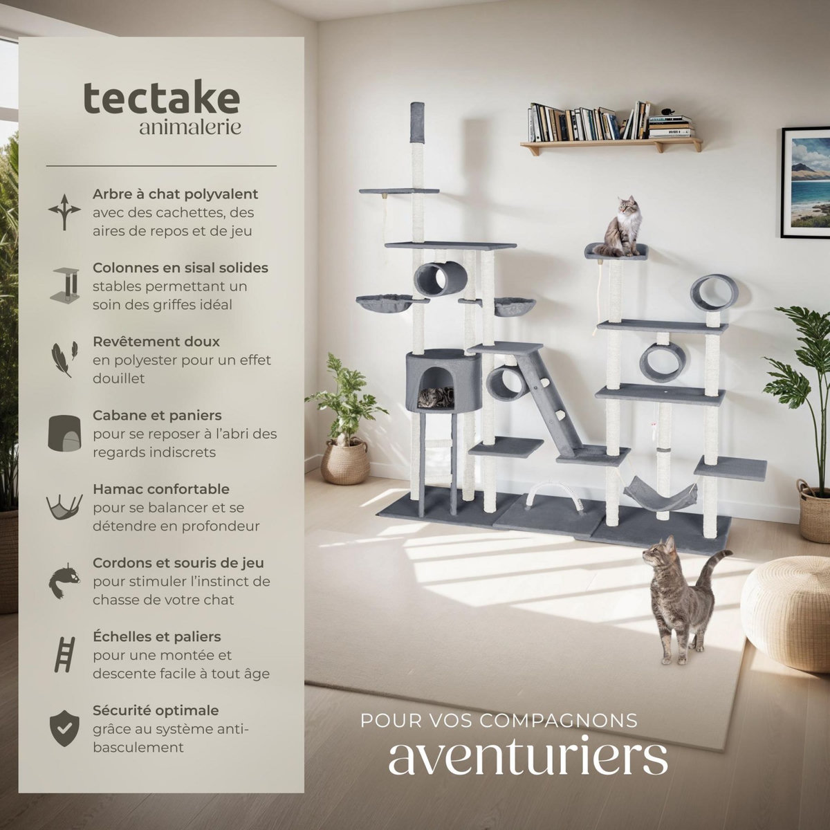 tectake Arbre à chat 234 à 261 cm avec griffoir et plateforme d'escalade gris