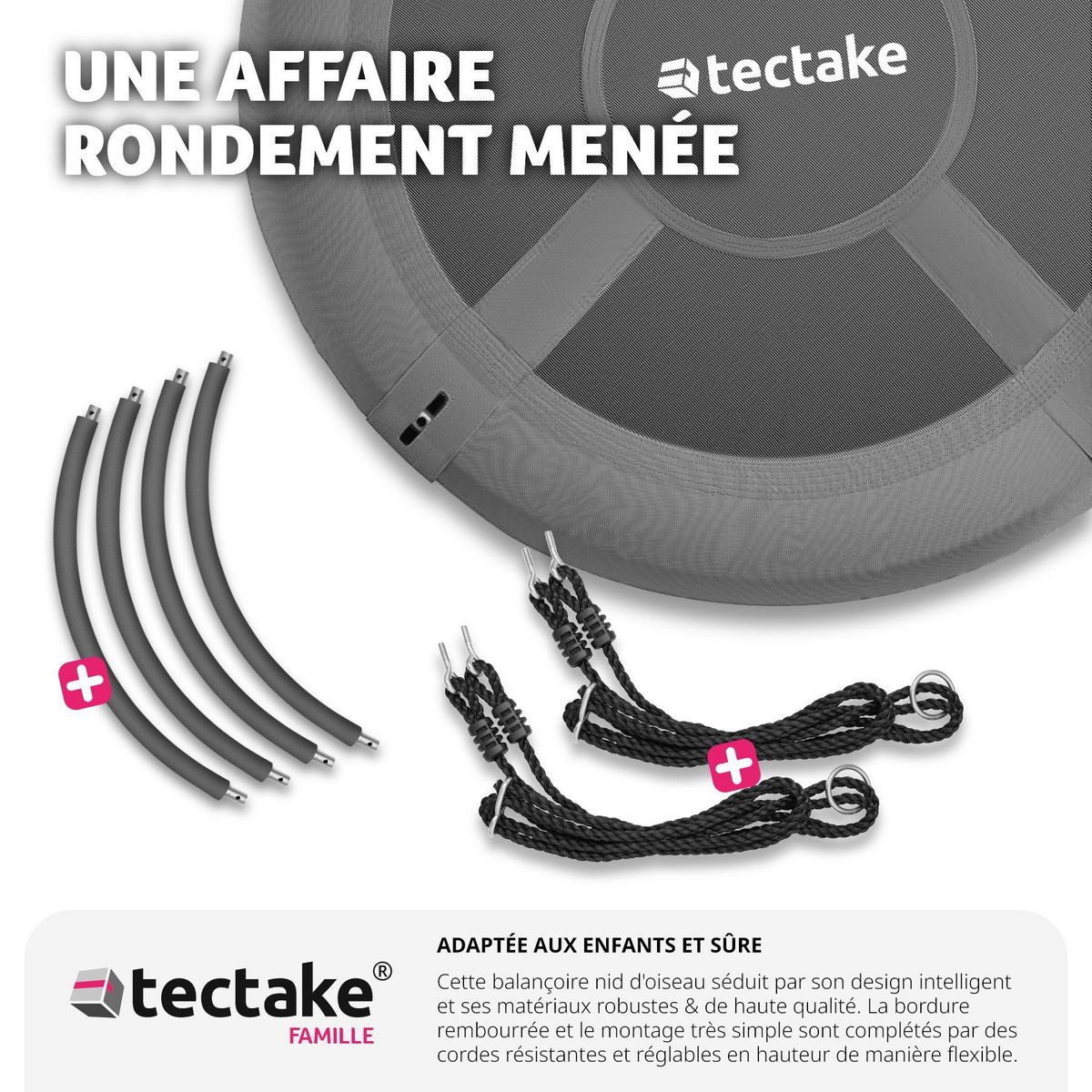 tectake Balançoire nid d'oiseau supporte jusqu'à 120 kg gris/noir Ø 100 cm