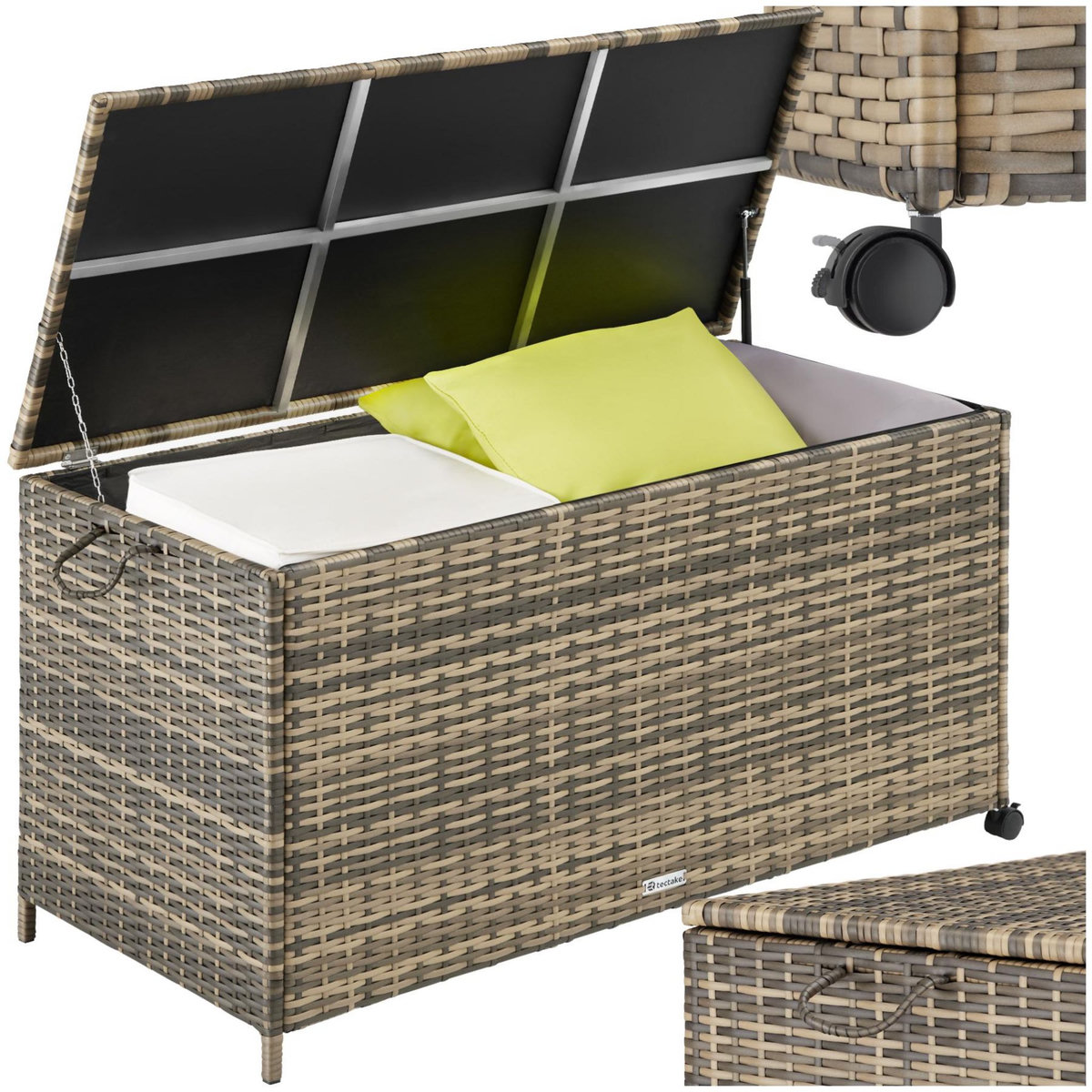 tectake Coffre de jardin caisse de rangement pour coussins 297 l, avec cadre en aluminium et tressage en rotin marron naturel