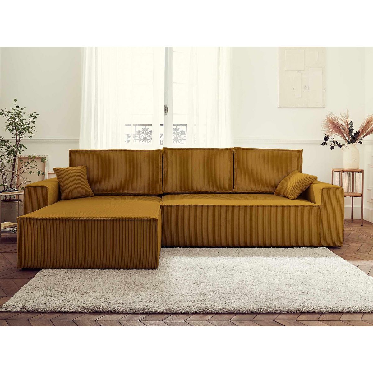 BEST MOBILIER Dellia - canapé d'angle réversible convertible - avec coffre - en velours côtelé - 4 places