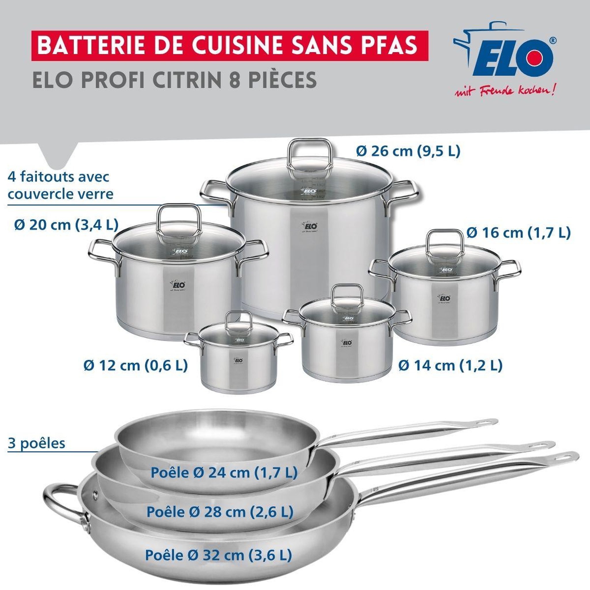 Voir la diapositive 2 : 666 Barcelona Ensemble de 3 Poêles de cuisson 24, 28 et 32 cm et 5 faitouts 12, 14, 16, 20 et 26 cm Elo Profi Citrin