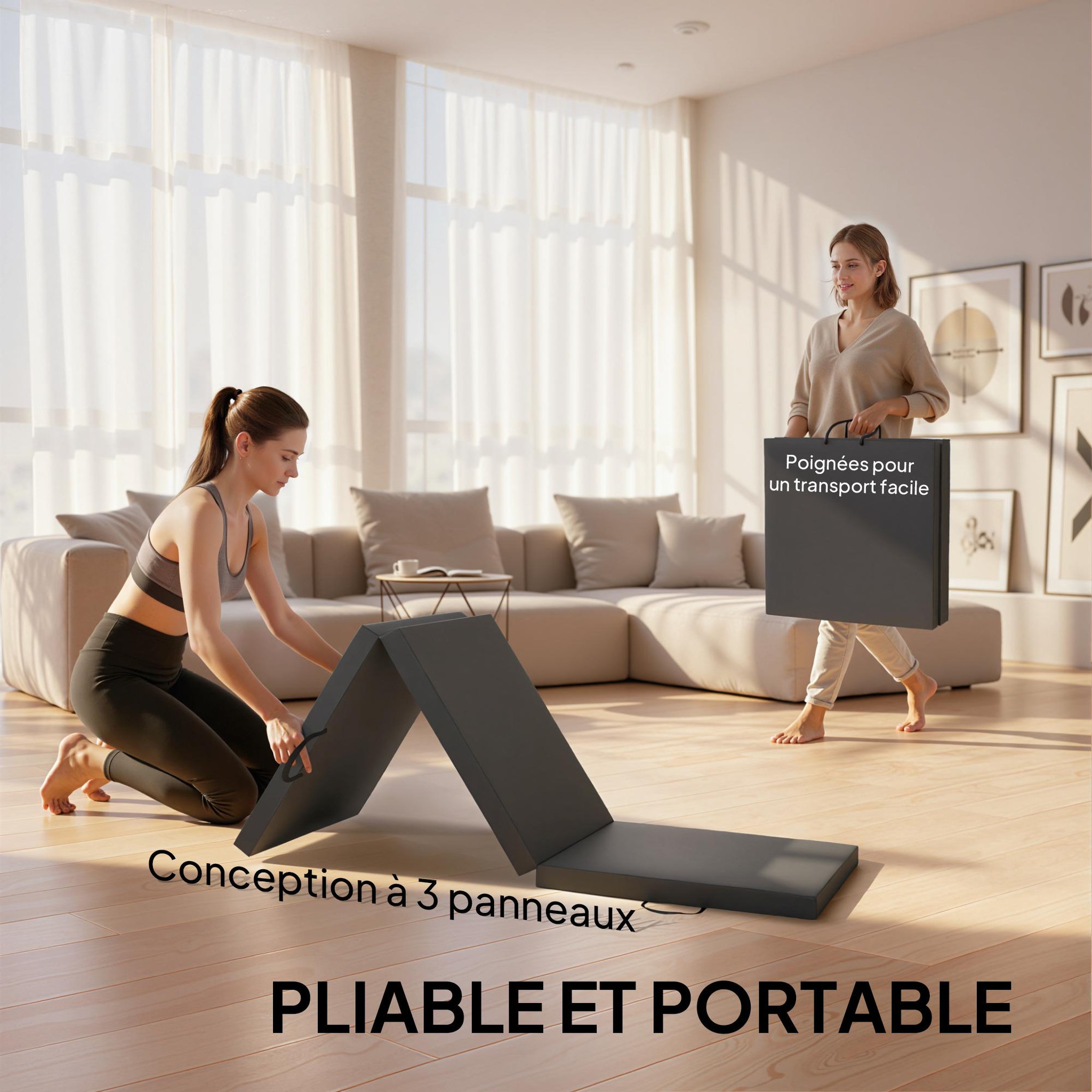 Voir la diapositive 4 : HOMCOM Tapis de sol gymnastique fitness pliable portable rembourrage mousse 5 cm dim. 1,8l x 0,6l m revêtement synthétique gris