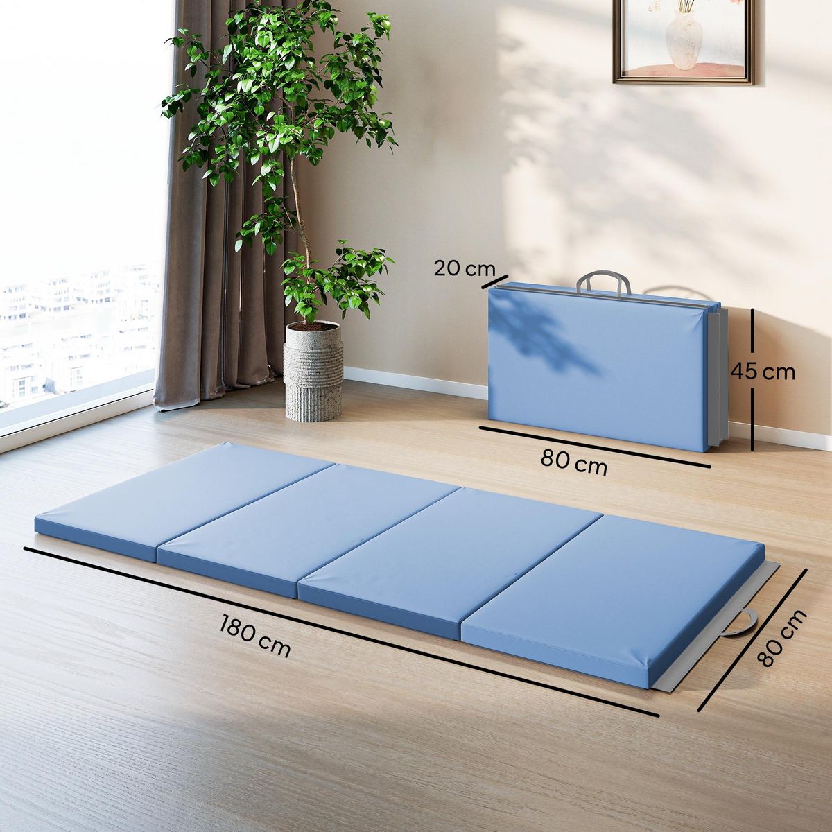 HOMCOM Tapis de gym yoga fitness pliable - poignée - revêtement synthétique - bleu