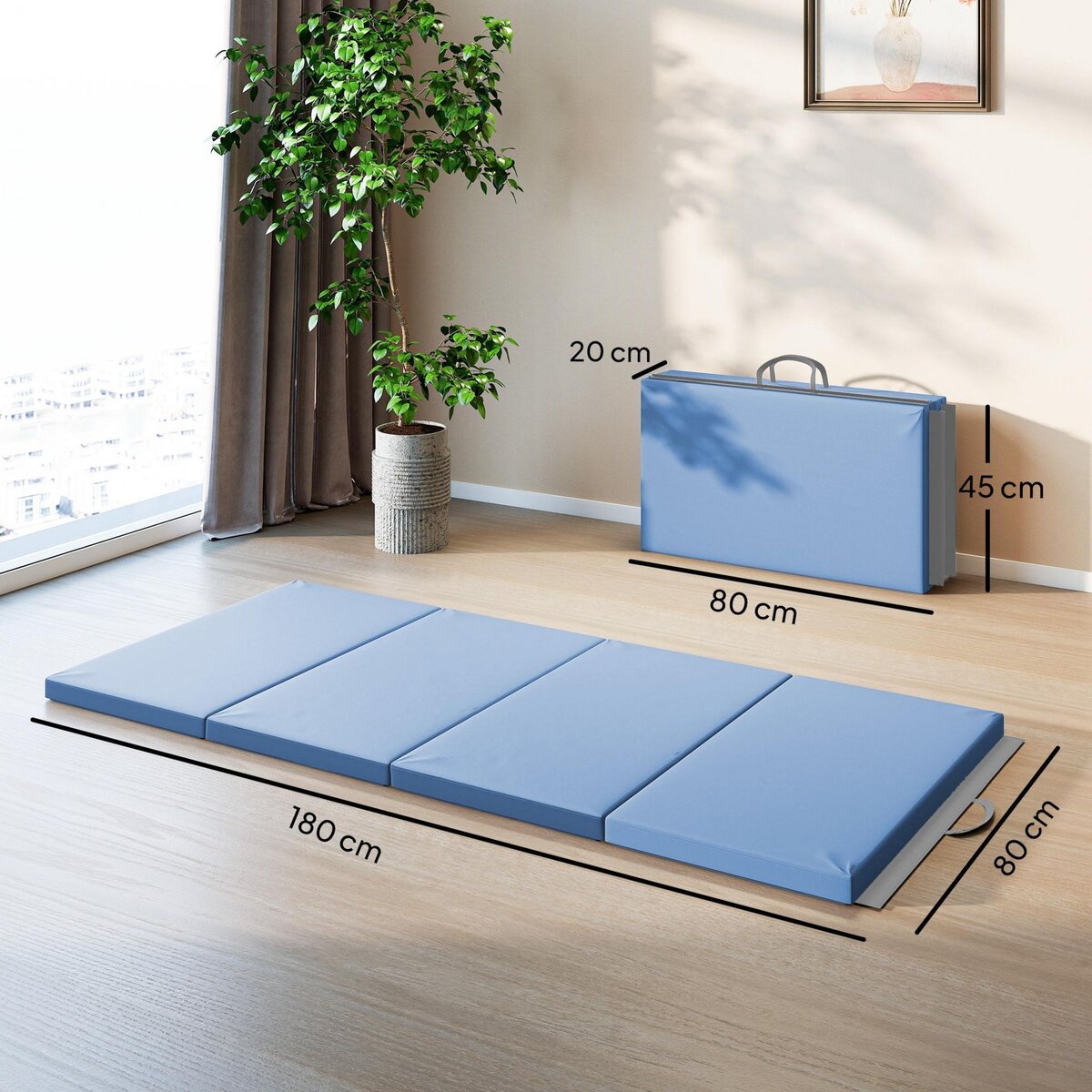 HOMCOM Tapis de gym yoga fitness pliable - poignée - revêtement synthétique - bleu