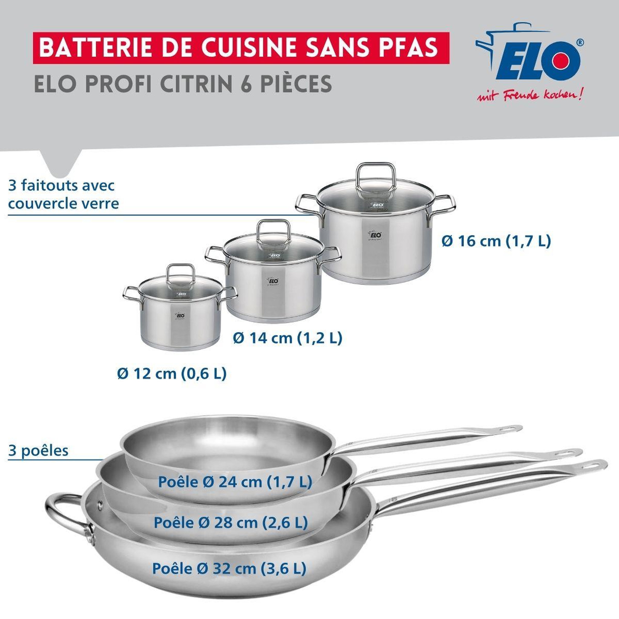 Voir la diapositive 2 : ELO Ensemble de 3 poêles de cuisson 24, 28 et 32 cm et 3 faitouts 12, 14 et 16 cm elo profi citrin