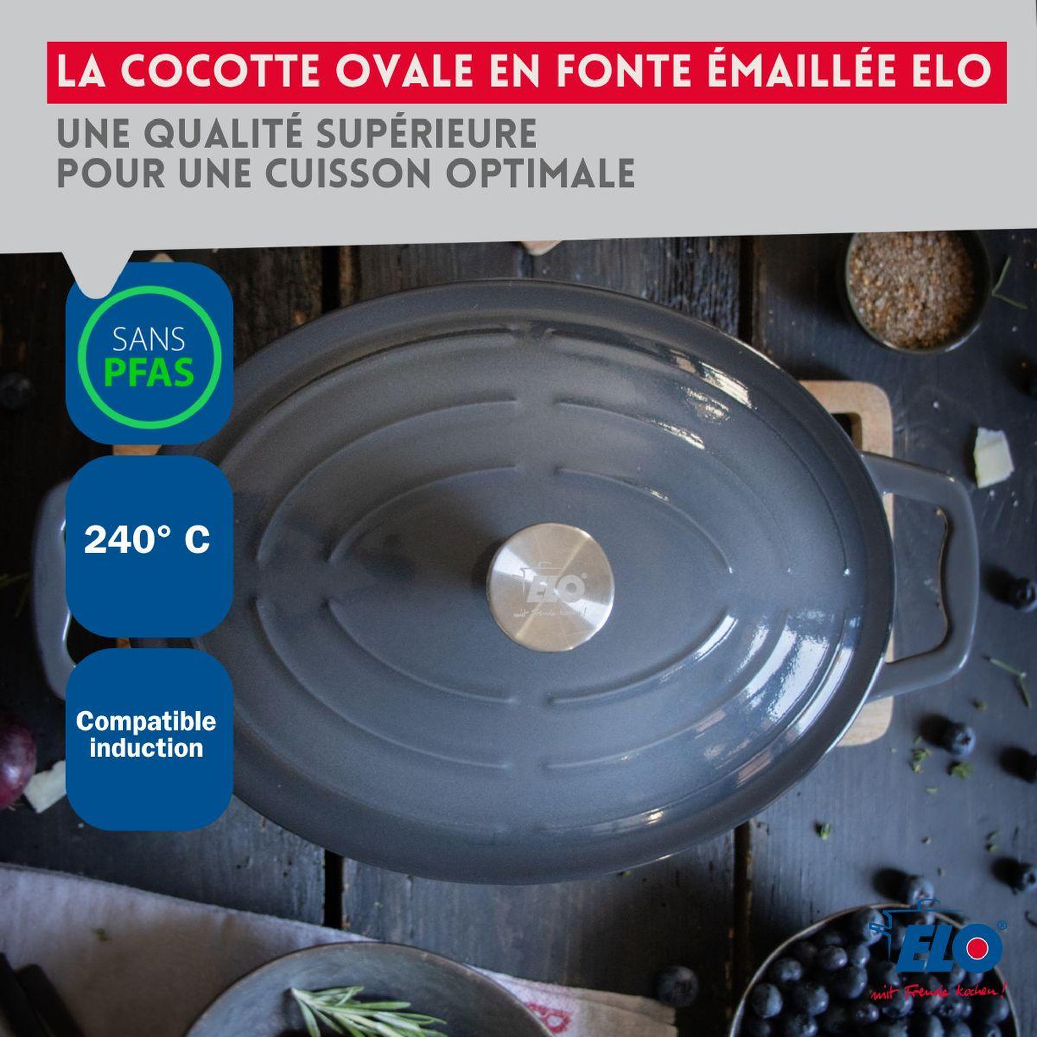 Voir la diapositive 6 : ELO Cocotte ovale en fonte émaillée 33 cm gris classique 5 l elo