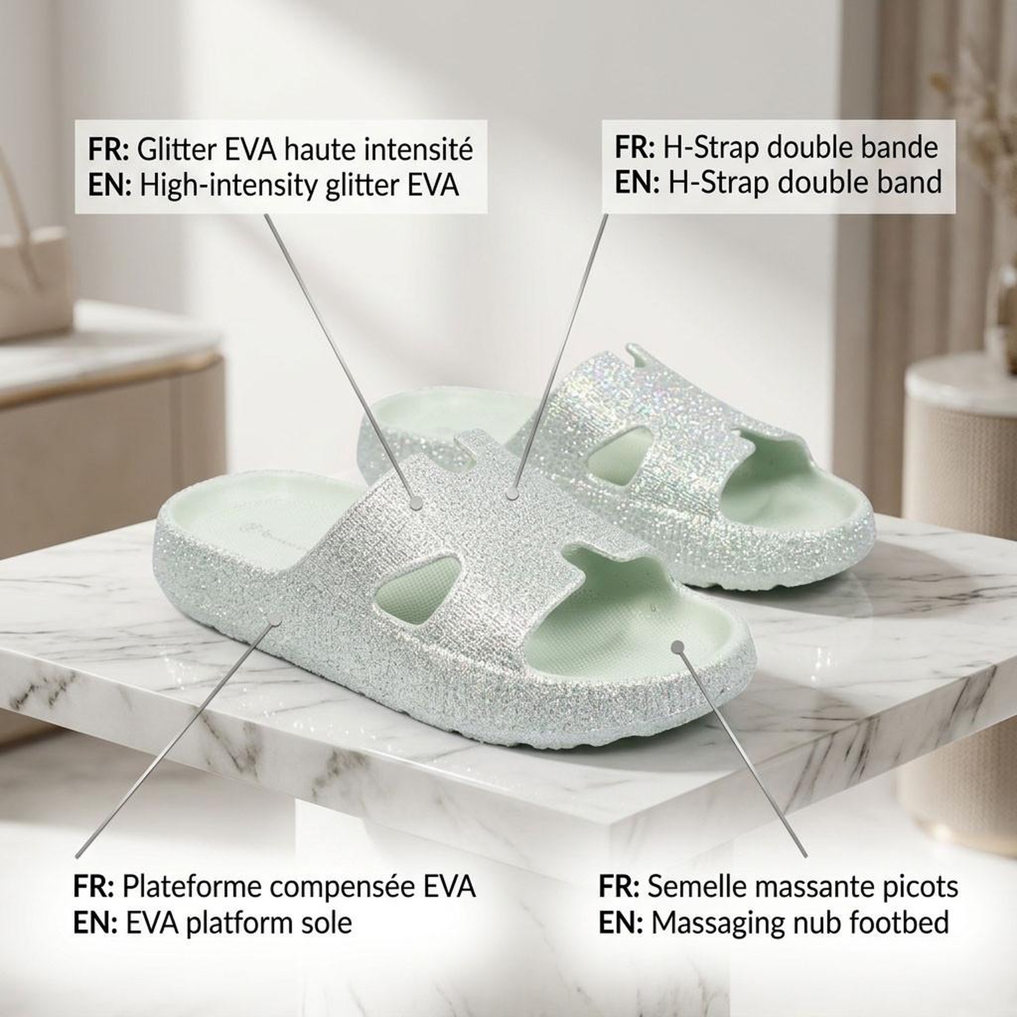 Voir la diapositive 4 : OZABI OZABI Claquette Glitter H-Strap EVA 6 Coloris