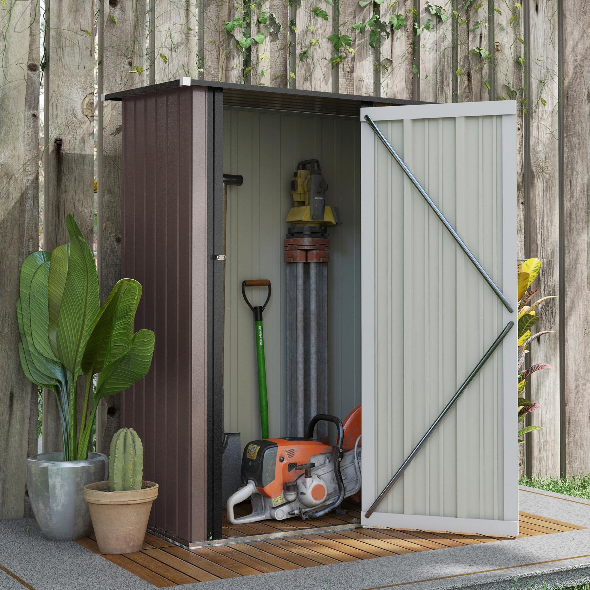 Voir la diapositive 2 : OUTSUNNY Abri de jardin - remise pour outils - cabanon porte verrouillable - dim. 142L x 84l x 189H cm - tôle d'acier marron blanc