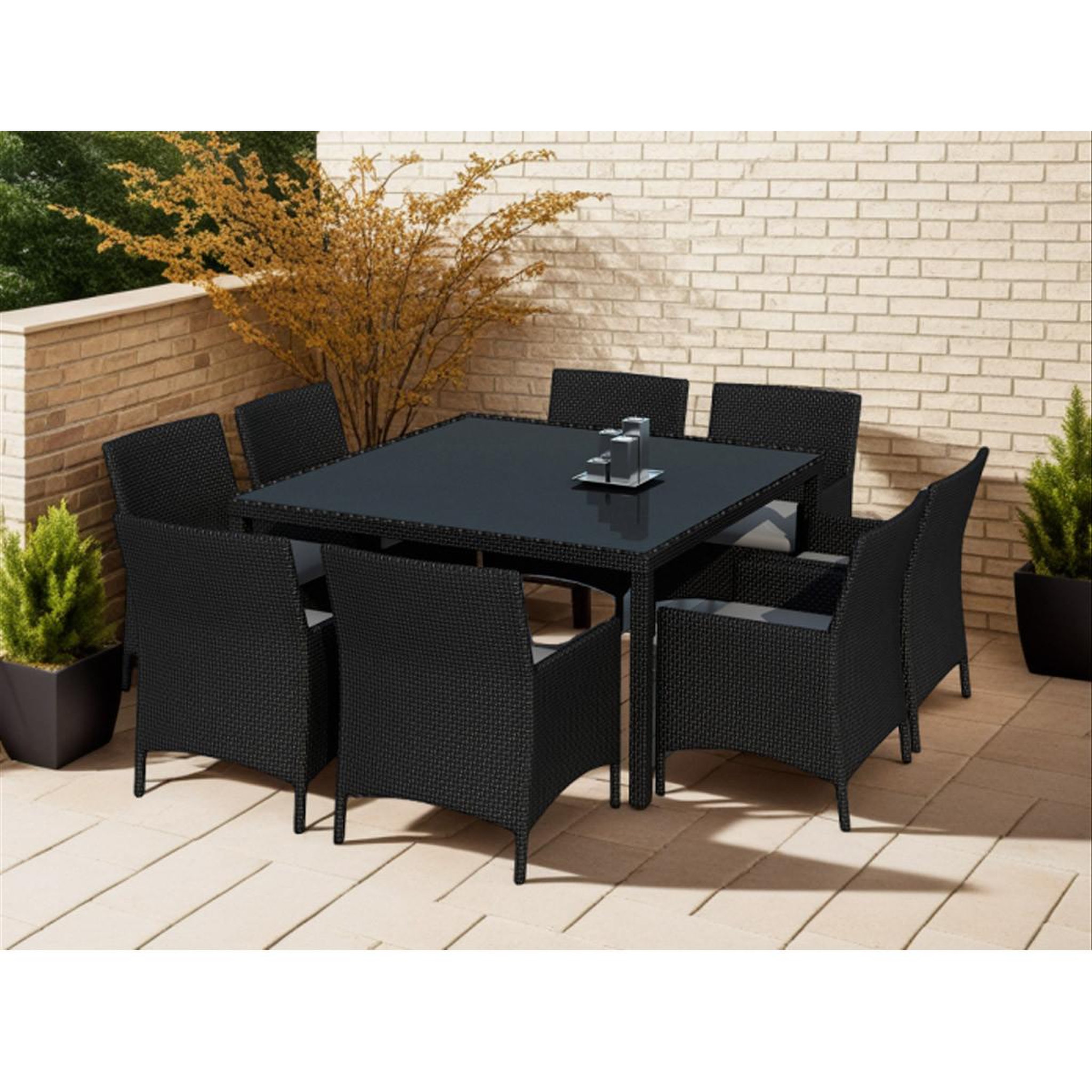 Voir la diapositive 2 : Paris Prix Ensemble repas de jardin en résine tressée  sunny  140cm noir & écru