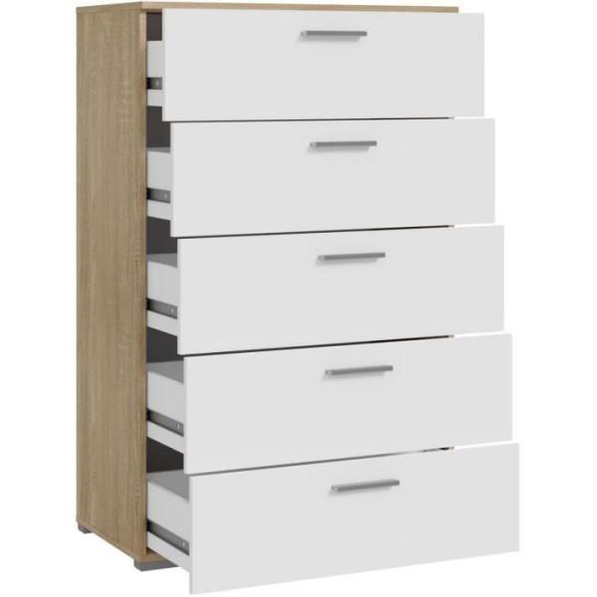 Voir la diapositive 5 : MARKET24 Commode BASJANA - 5 tiroirs - Décor chene sonoma et blanc mat - L80,2 x P41,3 x H123,8 cm