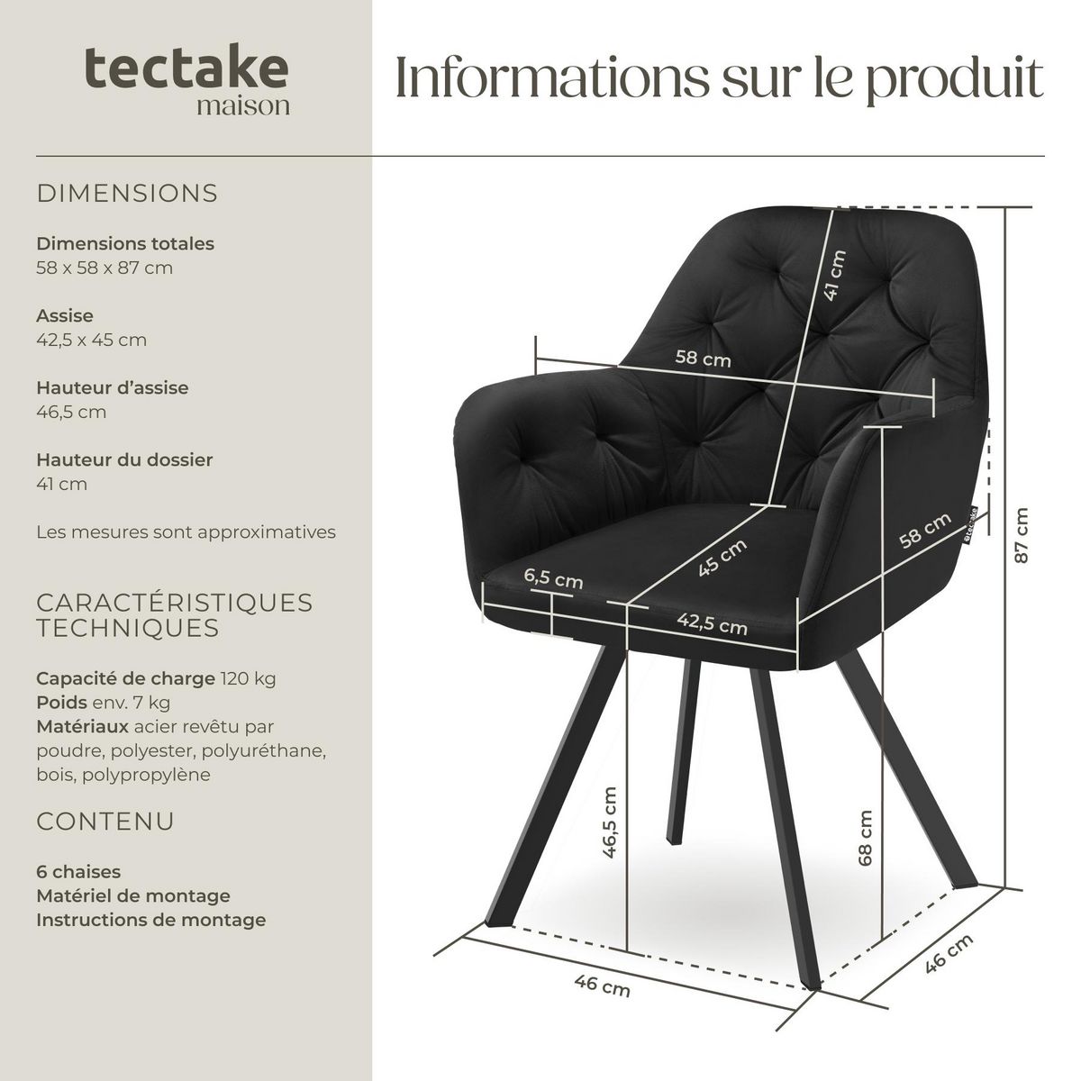 tectake Fauteuil pivotant en velours avec accoudoirs rembourré avec motif matelassé noir Lot de 6