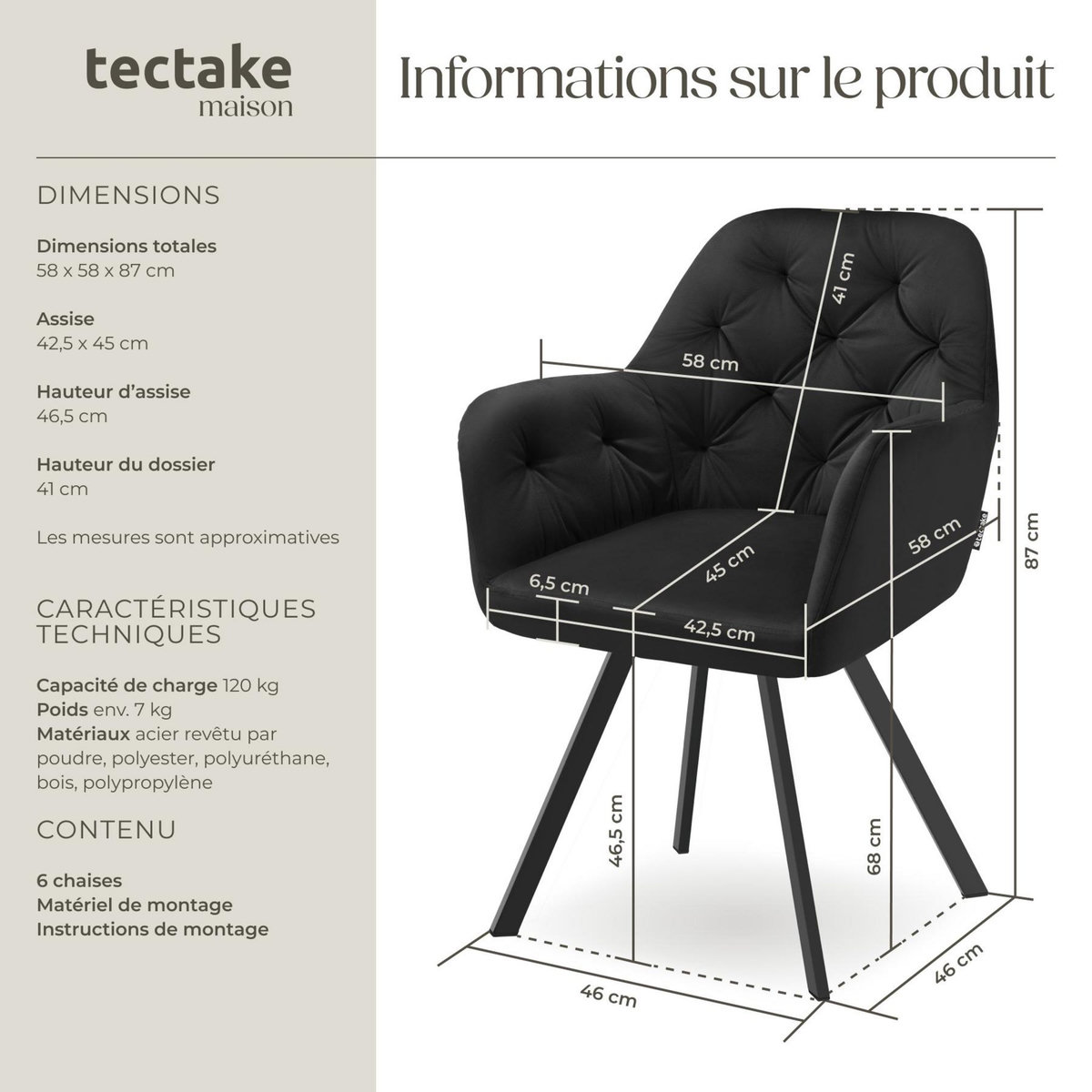 tectake Fauteuil pivotant en velours avec accoudoirs rembourré avec motif matelassé noir Lot de 6