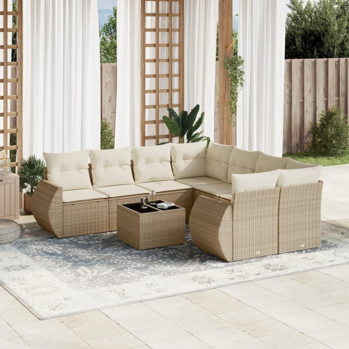 VIDAXL Salon de jardin avec coussins 9 pcs beige resine tressee