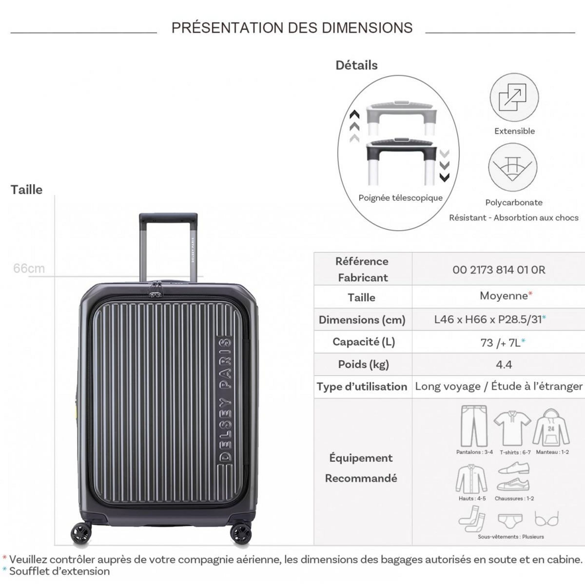 Delsey Valise rigide Securitime Zip TSA polycarbonate 66cm
