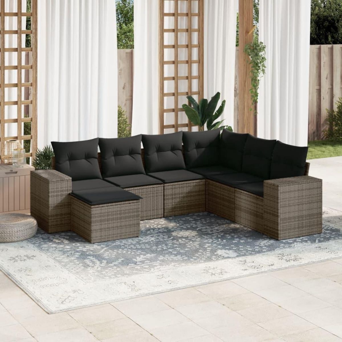 VIDAXL Salon de jardin avec coussins 7 pcs gris resine tressee