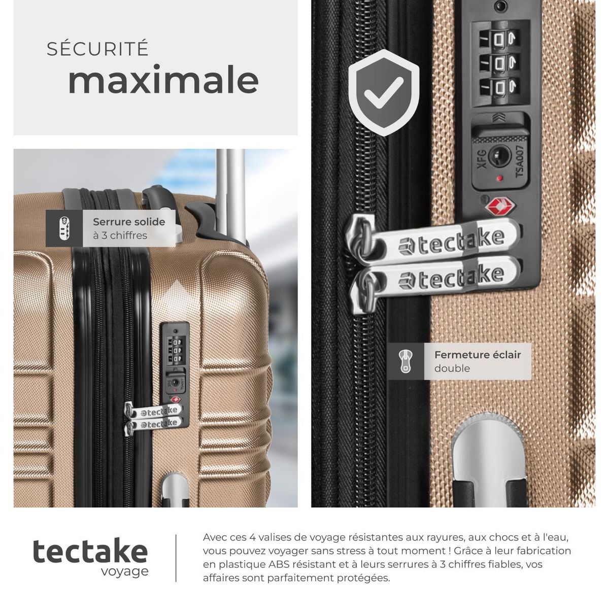 tectake Set de valises trolley rigides 4 parties, en plastique ABS robuste champagne