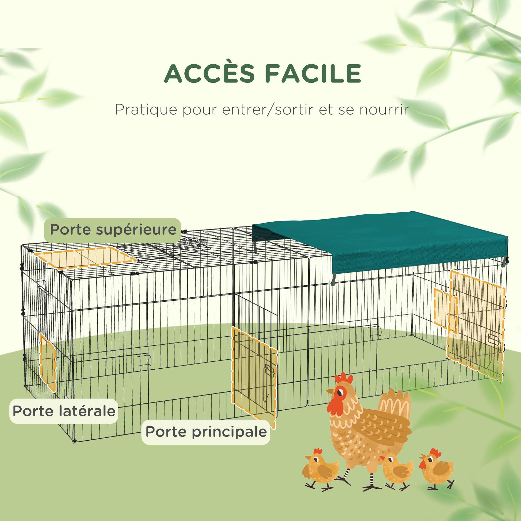 Voir la diapositive 4 : PAWHUT Parc enclos petits animaux - 2 portes, 3 trappes nourrissages, zone couverte - acier noir polyester vert