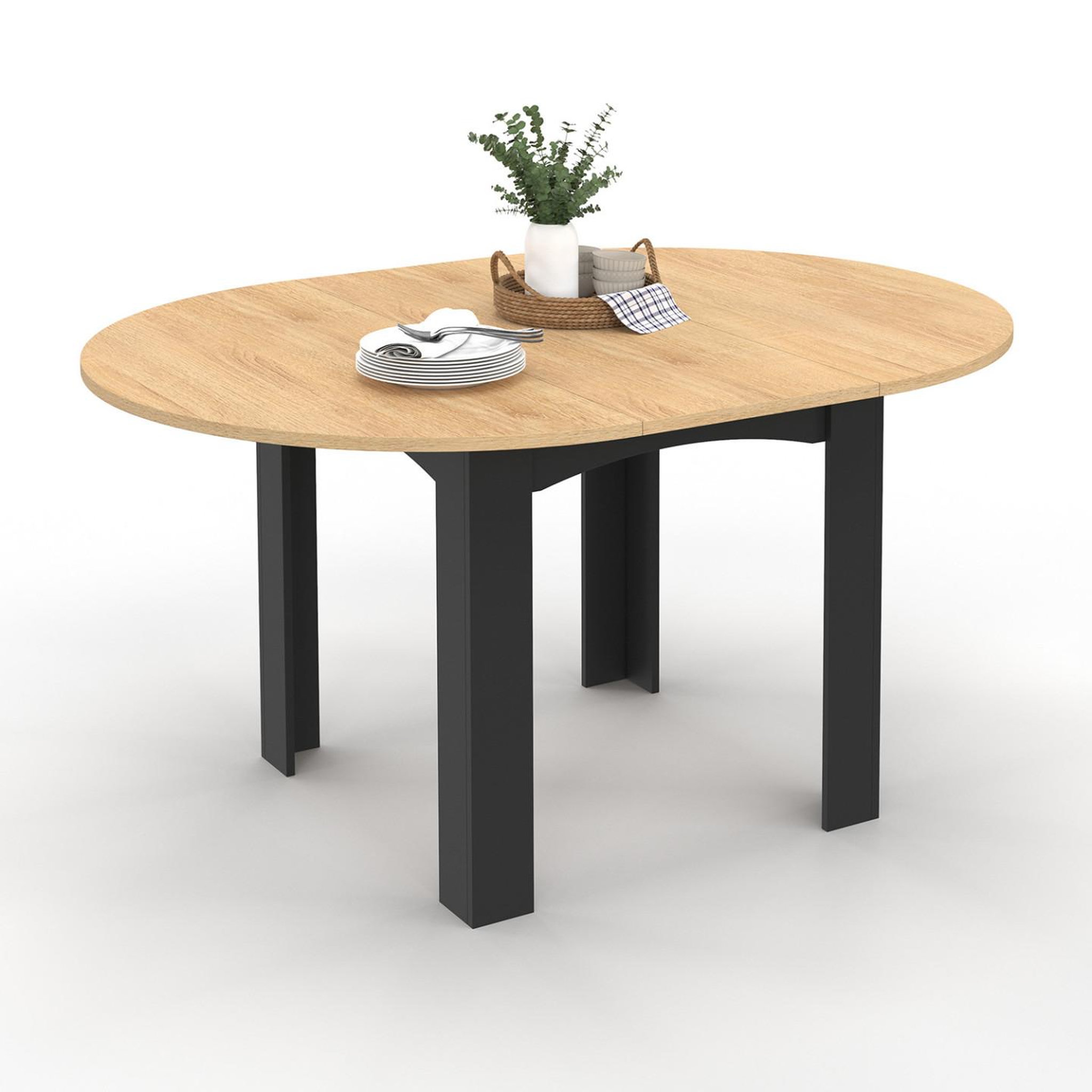 ID MARKET Table à manger extensible ronde dona 4-8 personnes noire plateau façon hêtre 110-150 cm