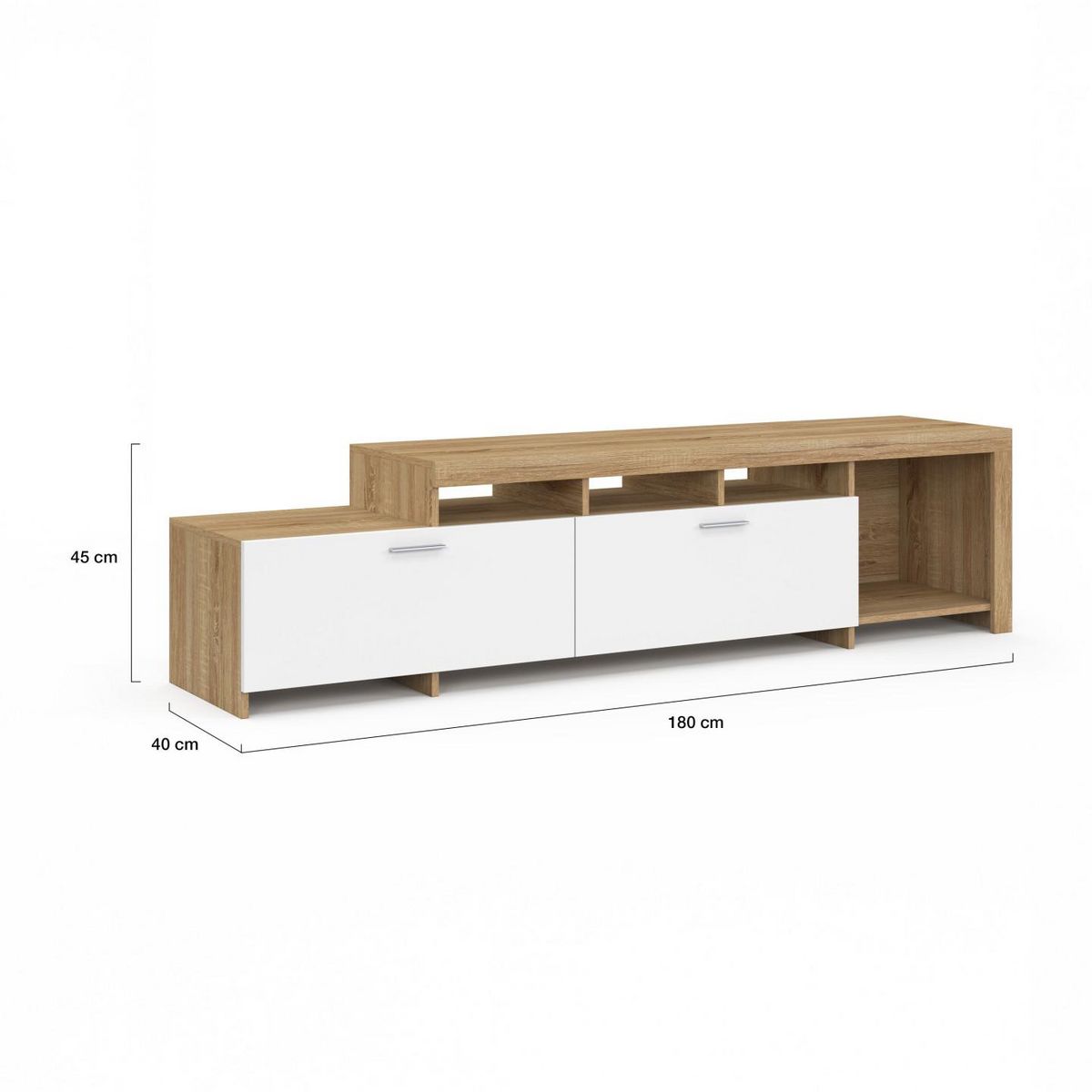ID MARKET Meuble TV  180 cm MALO  bois et placards blancs