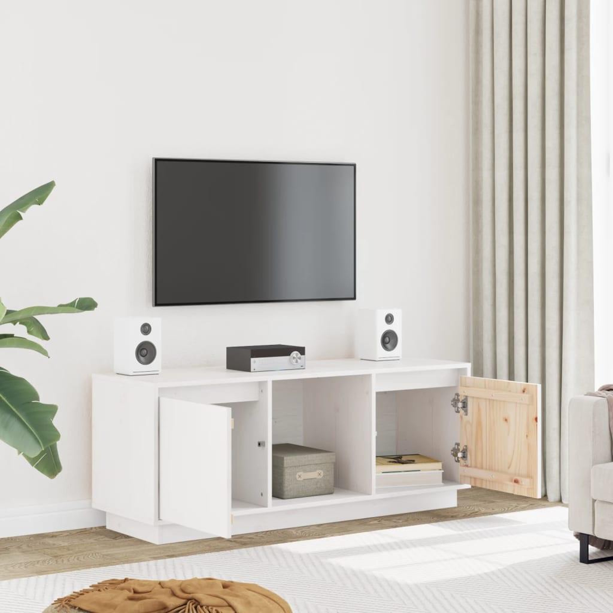 Voir la diapositive 3 : VIDAXL Meuble TV Blanc 110,5x35x44 cm Bois de pin massif