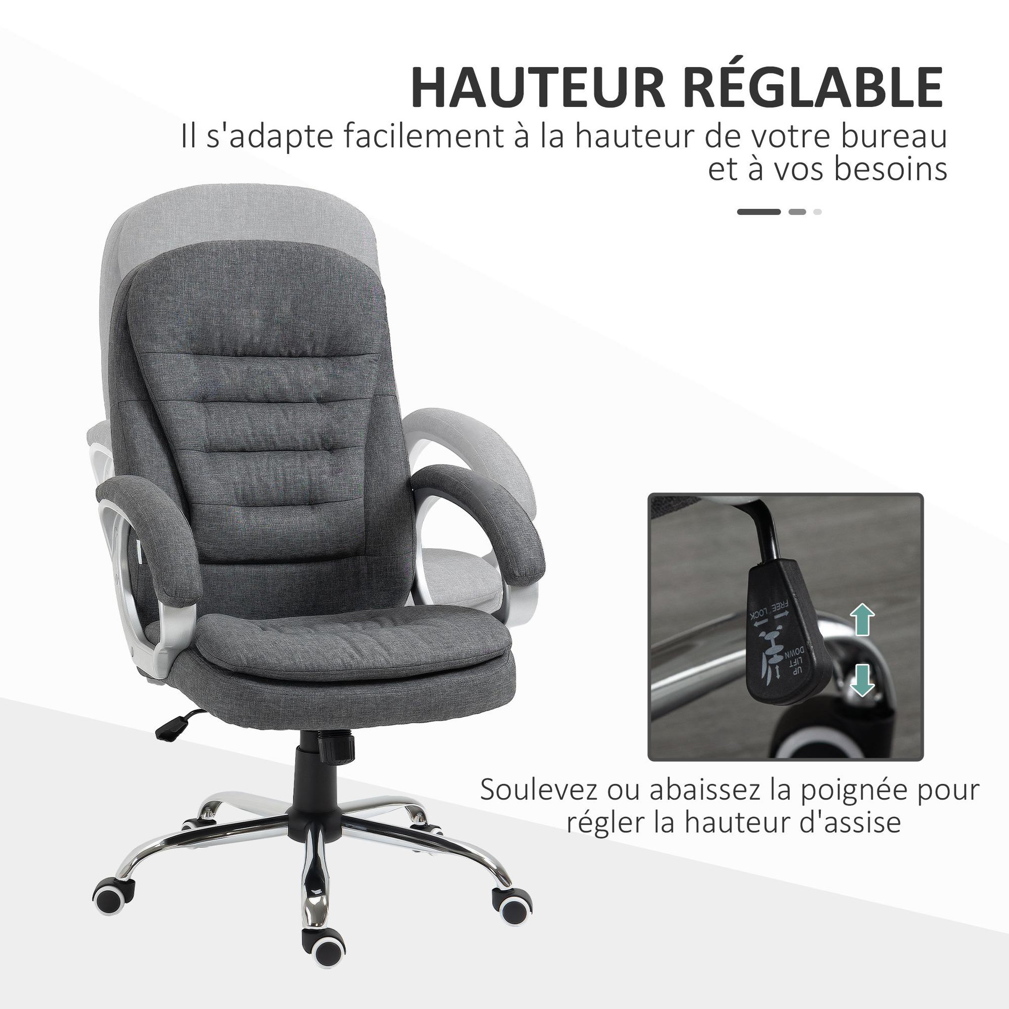 Voir la diapositive 4 : HOMCOM Fauteuil de bureau manager chaise de bureau ergonomique double coussin réglable roulettes toile lin gris foncé