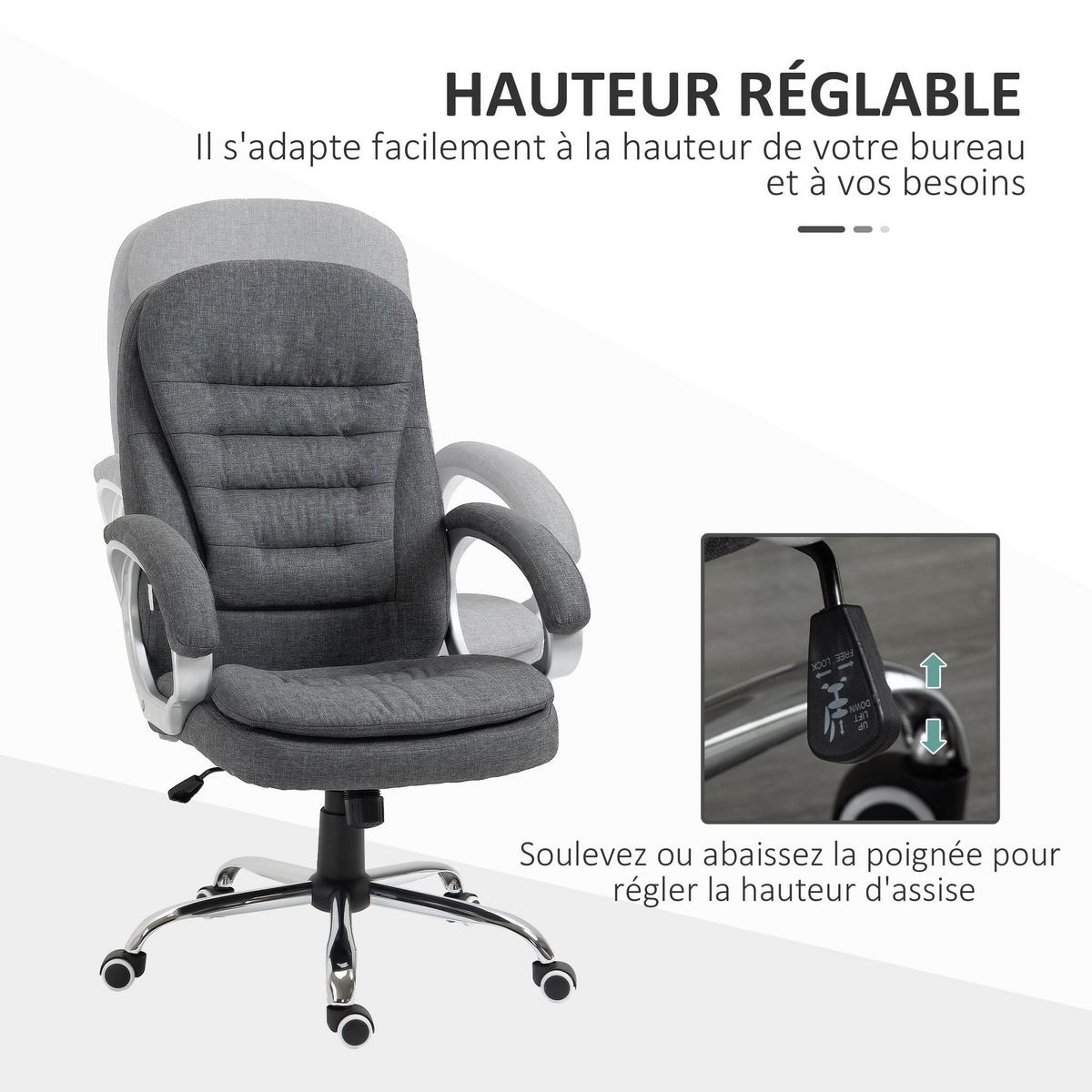 HOMCOM Fauteuil de bureau manager chaise de bureau ergonomique double coussin réglable roulettes toile lin gris foncé