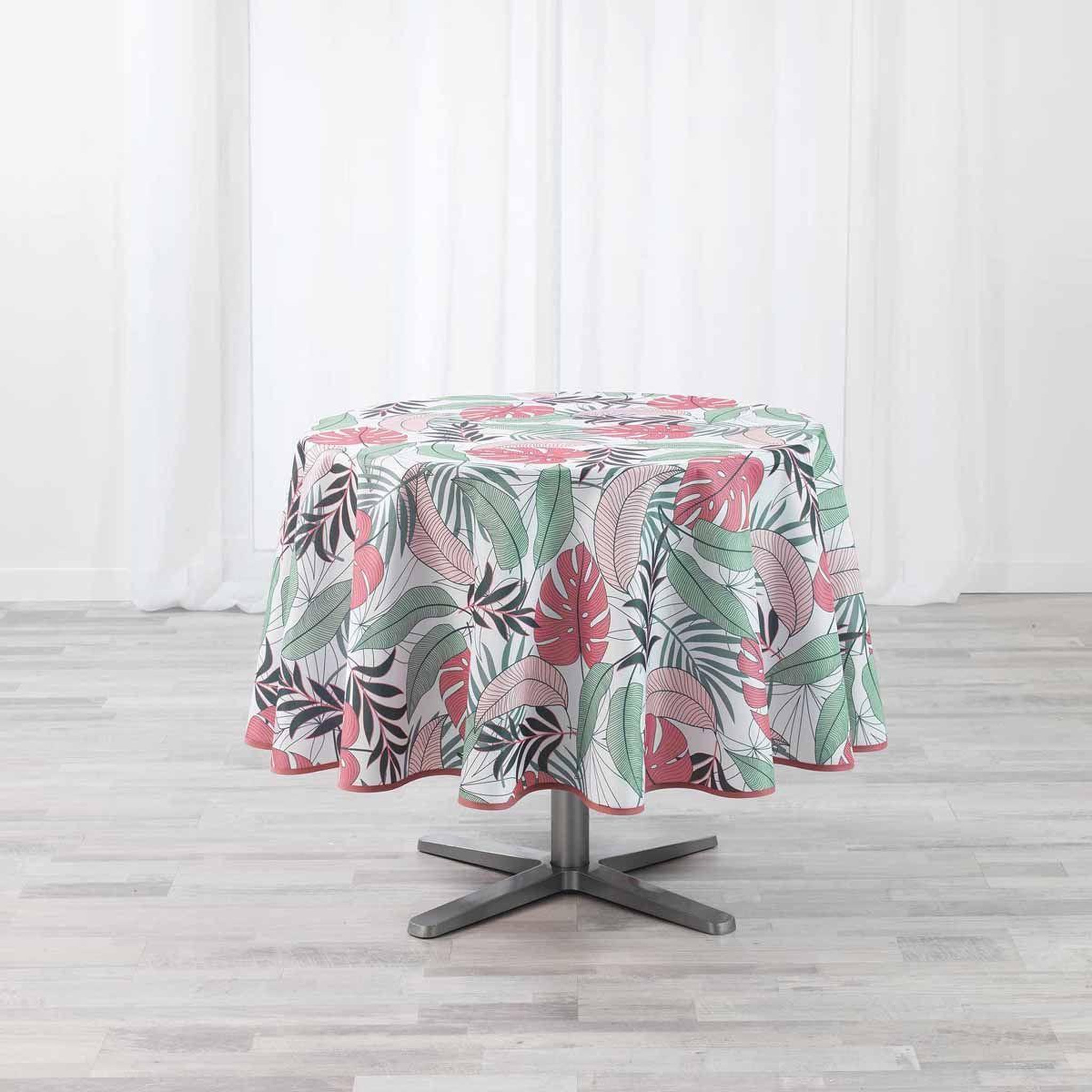 Voir la diapositive 1 : Douceur d'Intérieur Nappe antitache ronde  beauty jungle  180cm blanc & rose