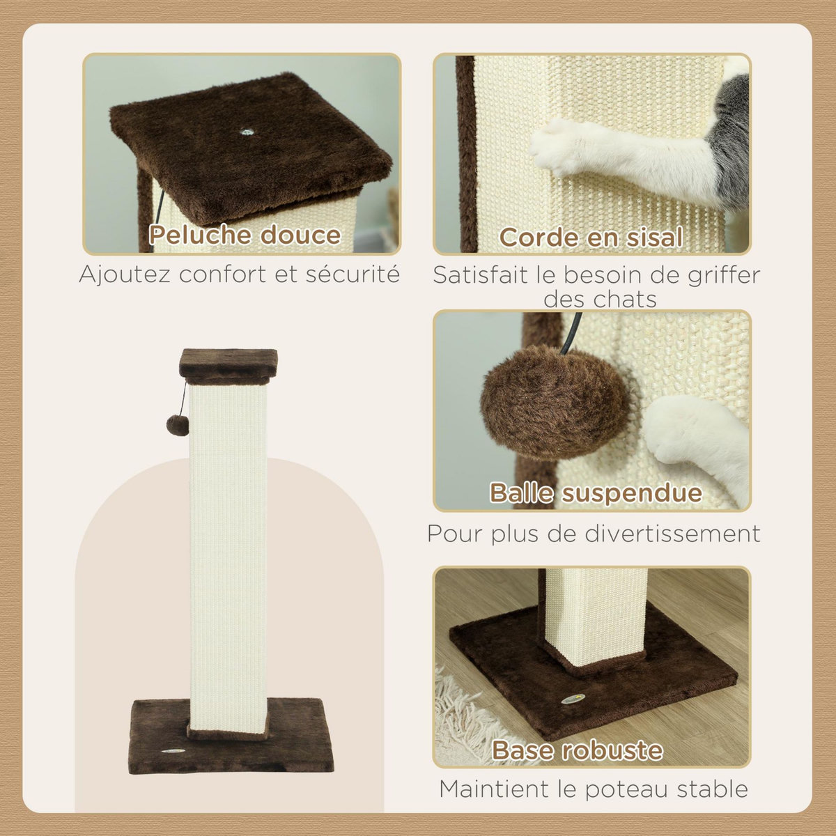 PAWHUT Griffoir tour pour chat H.81 cm - poteau à griffer avec jeu balle suspendue - peluche marron sisal naturel
