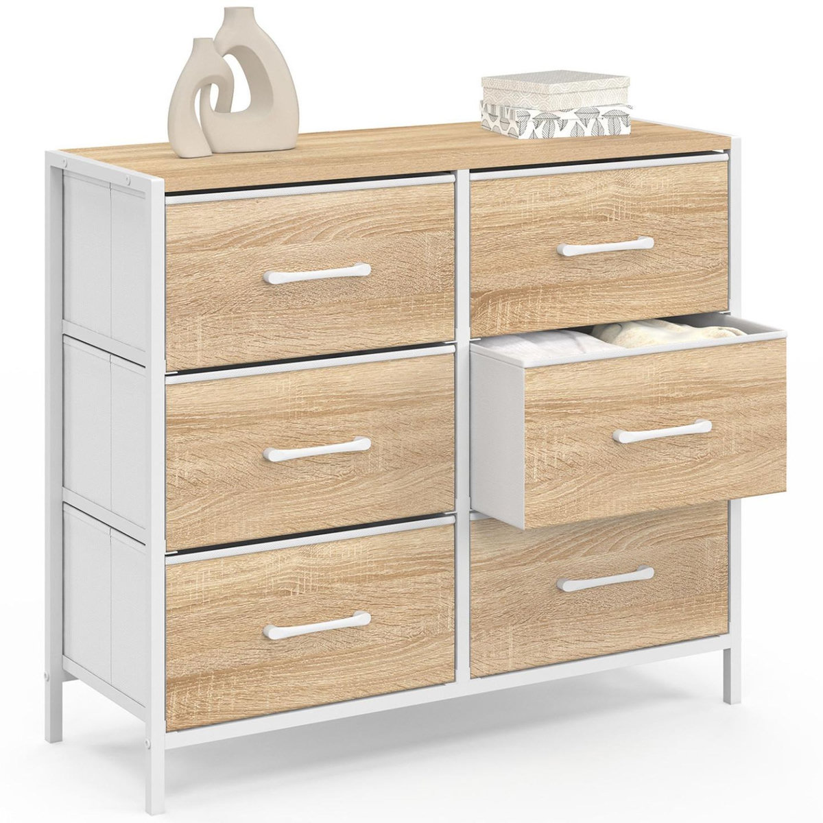 ID MARKET Commode 6 tiroirs en tissu UTAH 80 cm meuble de rangement design industriel bois et blanc