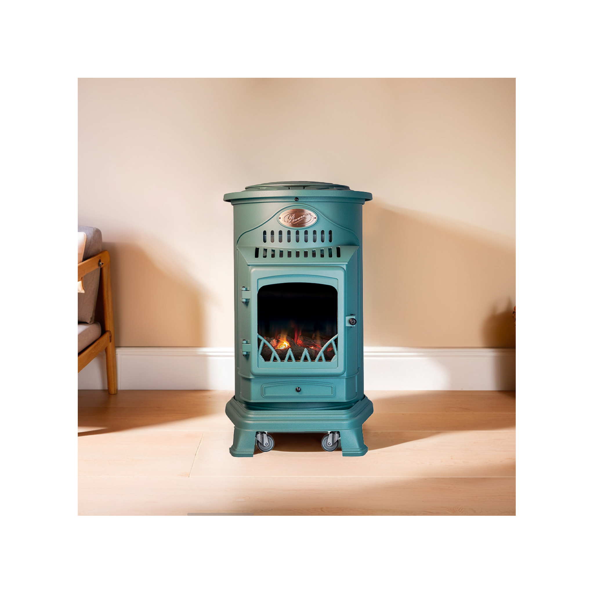 Voir la diapositive 2 : UNIVERSAL Poêle à gaz fonte véritable 3.4kw vert chauffage à gaz effet feu de bois provence universal