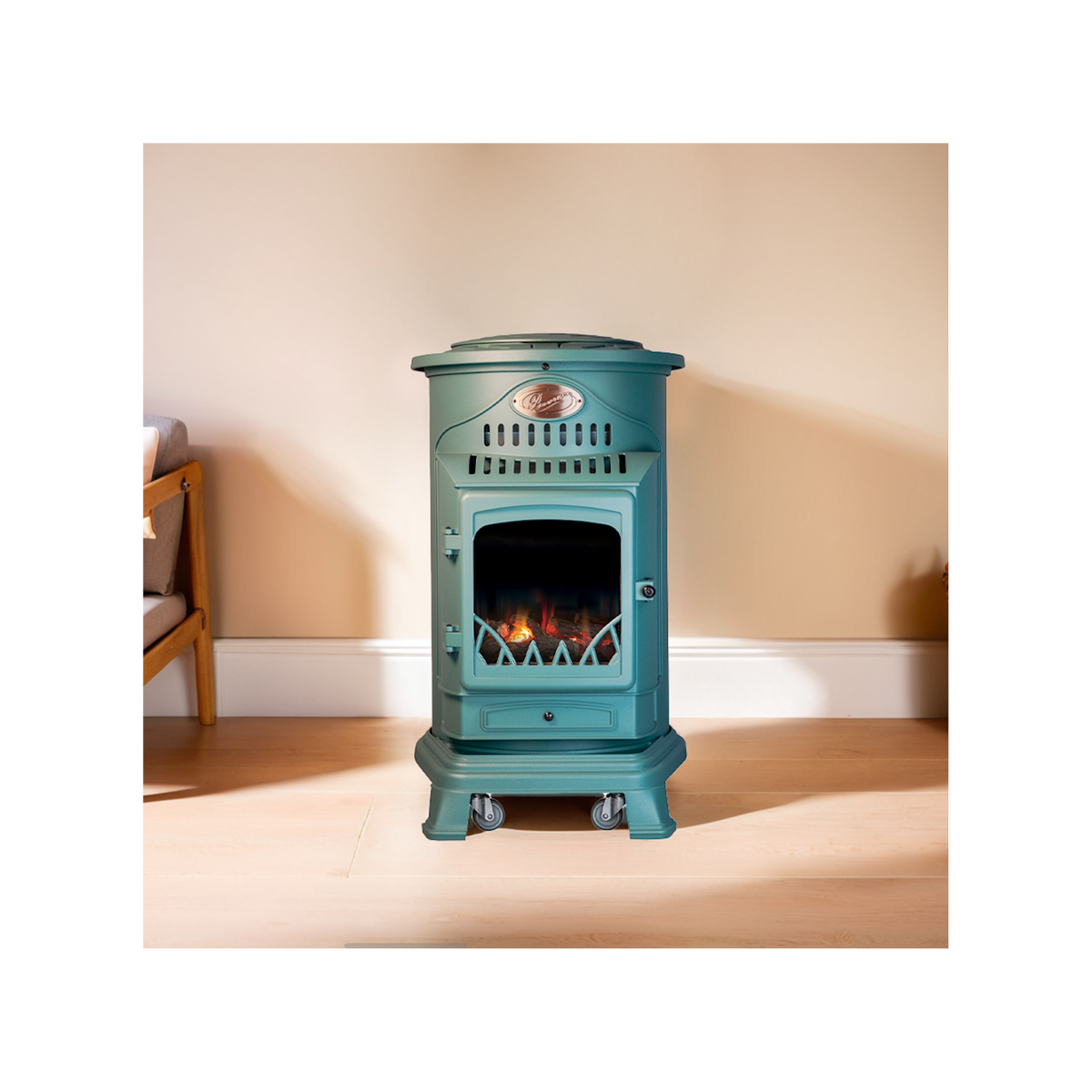 UNIVERSAL Poêle à gaz Fonte véritable 3.4KW VERT Chauffage à gaz Effet feu de bois Provence UNIVERSAL