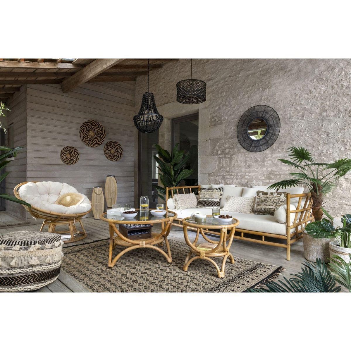 ATMOSPHERA Coussin Macramé rectangulaire 30x50cm Palm avec franges - Blanc Ivoire