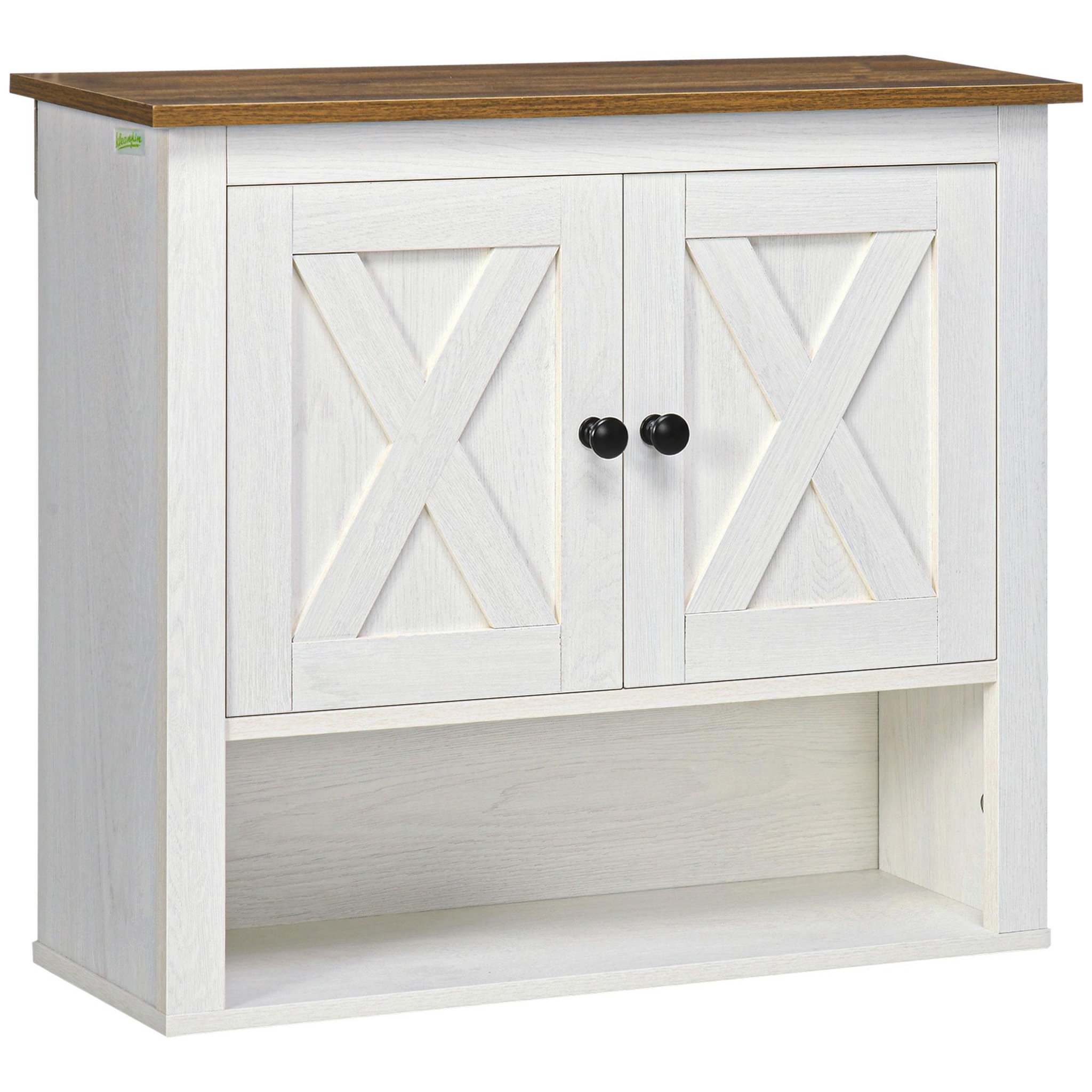 KLEANKIN Armoire murale salle de bain style rustique chic - 2 portes, étagère, niche - effet bois noyer écru