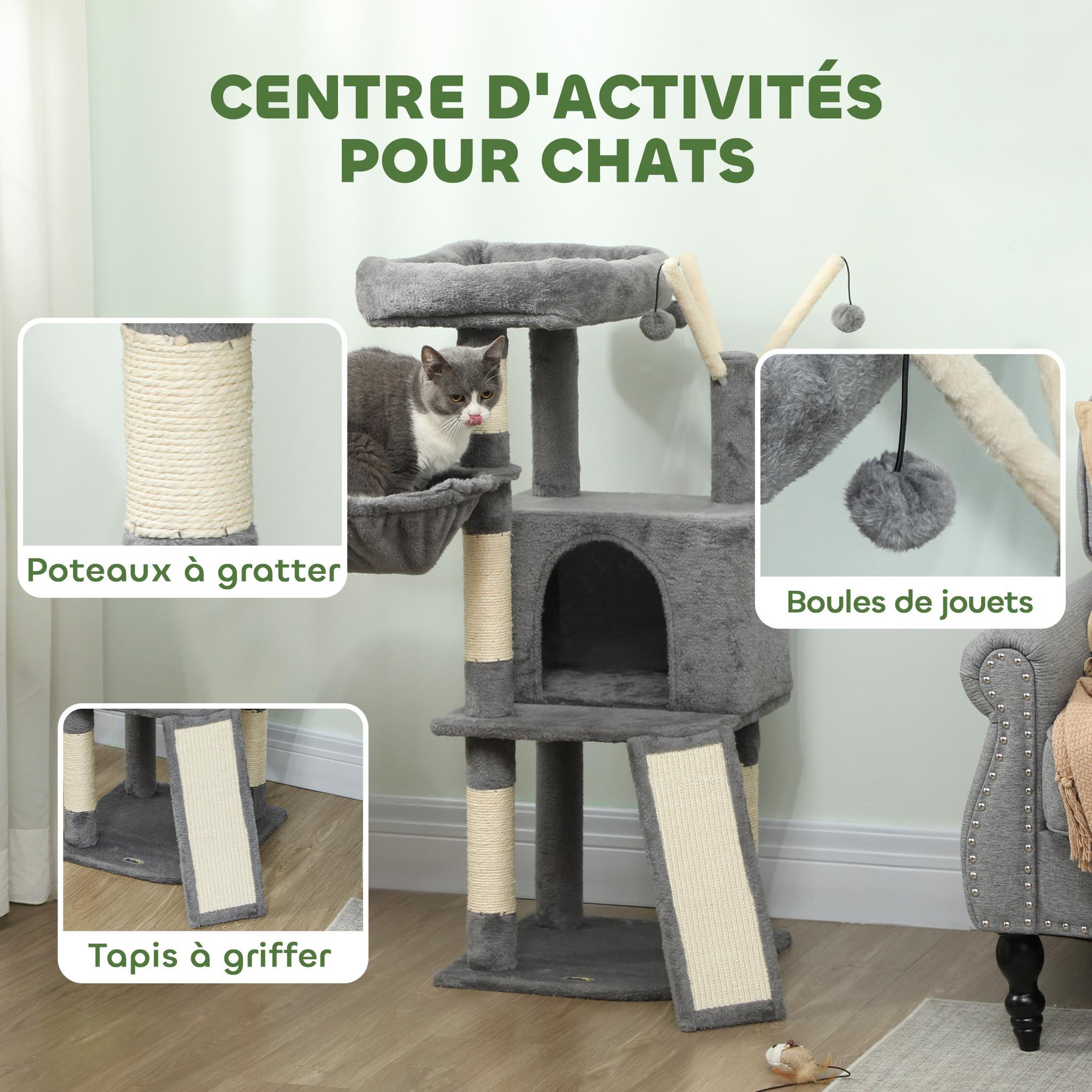 Voir la diapositive 5 : PAWHUT Arbre à chat multi-équipé niche hamac plateforme 3 boules griffoirs grattoir gris