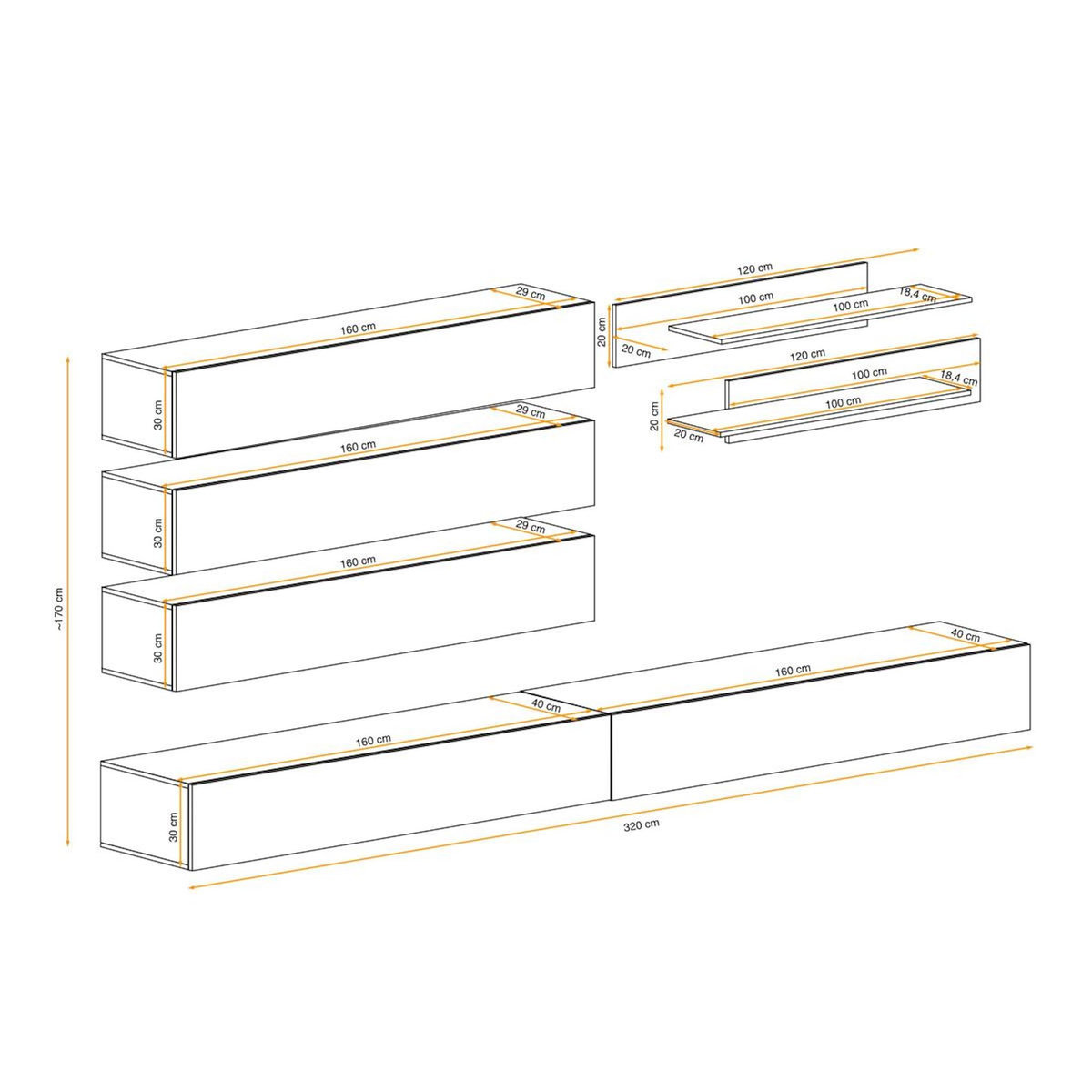 Paris Prix Ensemble Meuble TV Mural  Fly J1  320cm Noir & Blanc