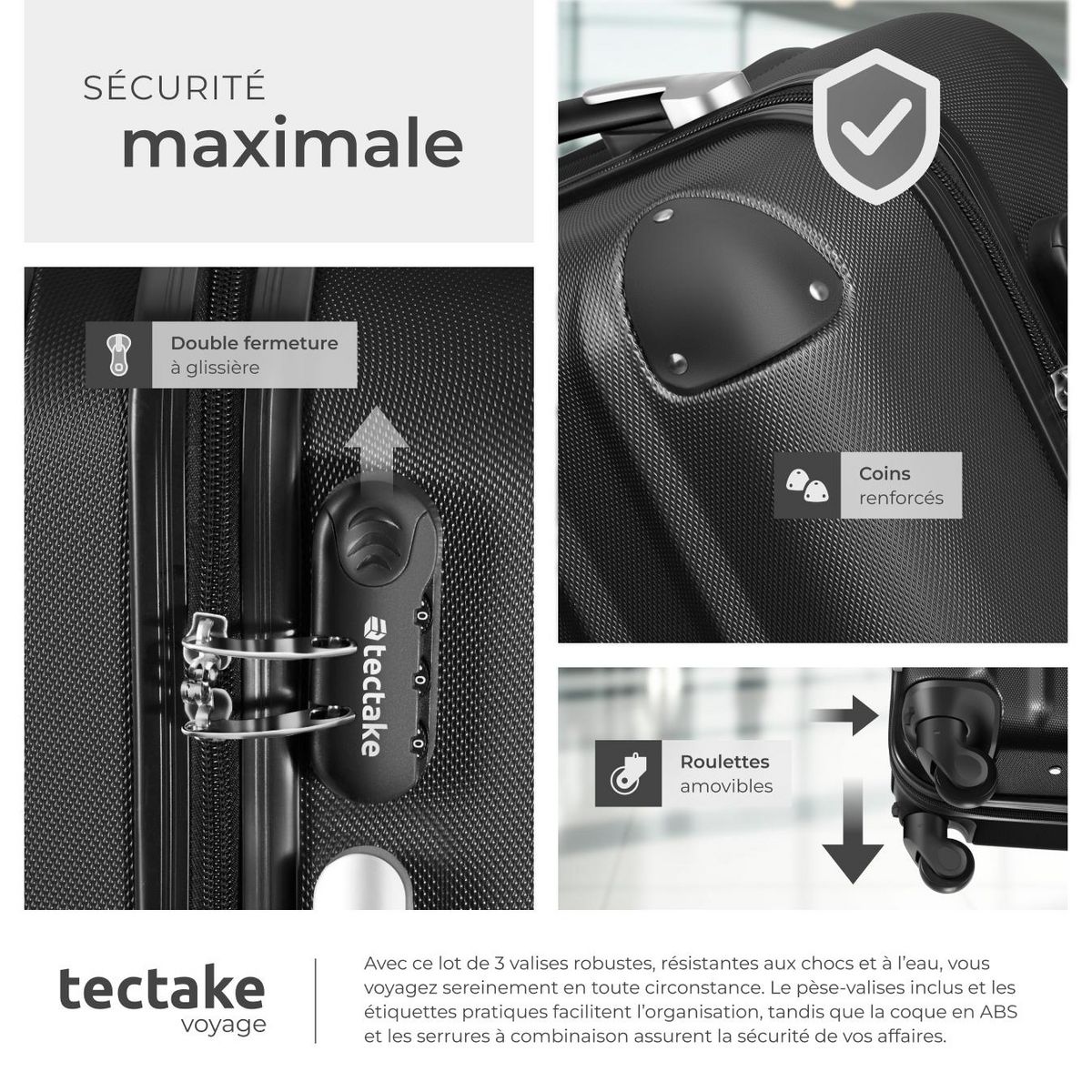 tectake Ensemble de 3 valises 3 pièces en ABS robuste, balance à bagages et étiquette noir