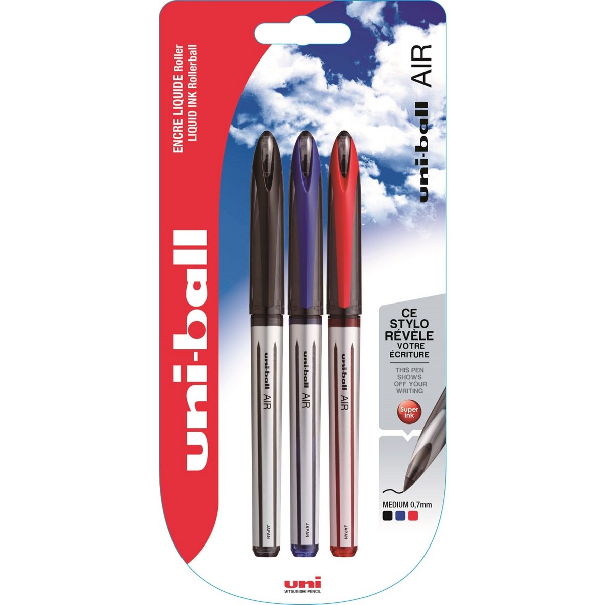 UNI BALL Lot de 3 stylos feutres Roller Uni Ball Air pointe 0.8mm - Noir, Bleu, Rouge