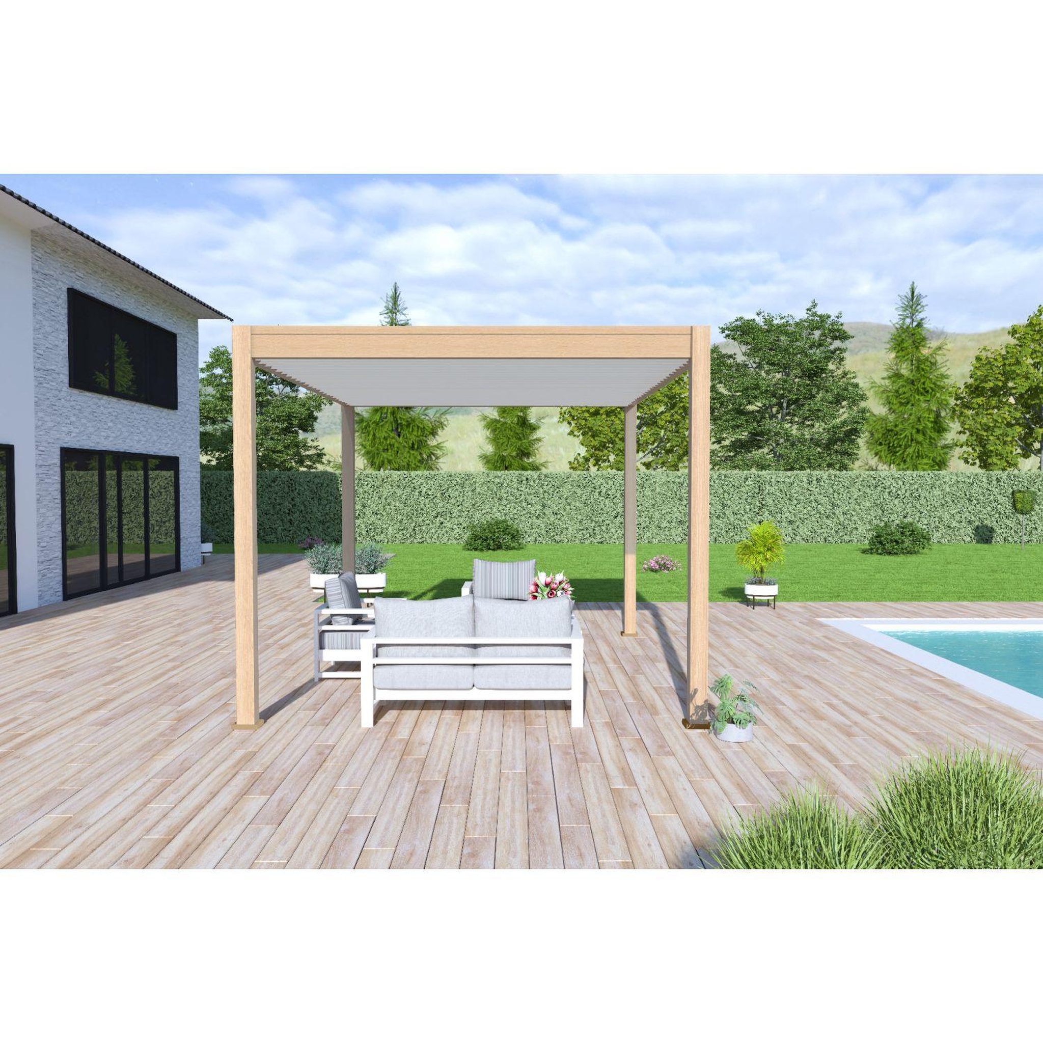 Voir la diapositive 4 : Pergola Bioclimatique autoportée 3X4 m - Aluminium - effet bois naturel/blanc - VS OMBREA®