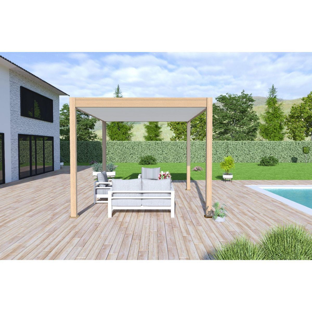 Pergola Bioclimatique autoportée 3X4 m - Aluminium - effet bois naturel/blanc - VS OMBREA®