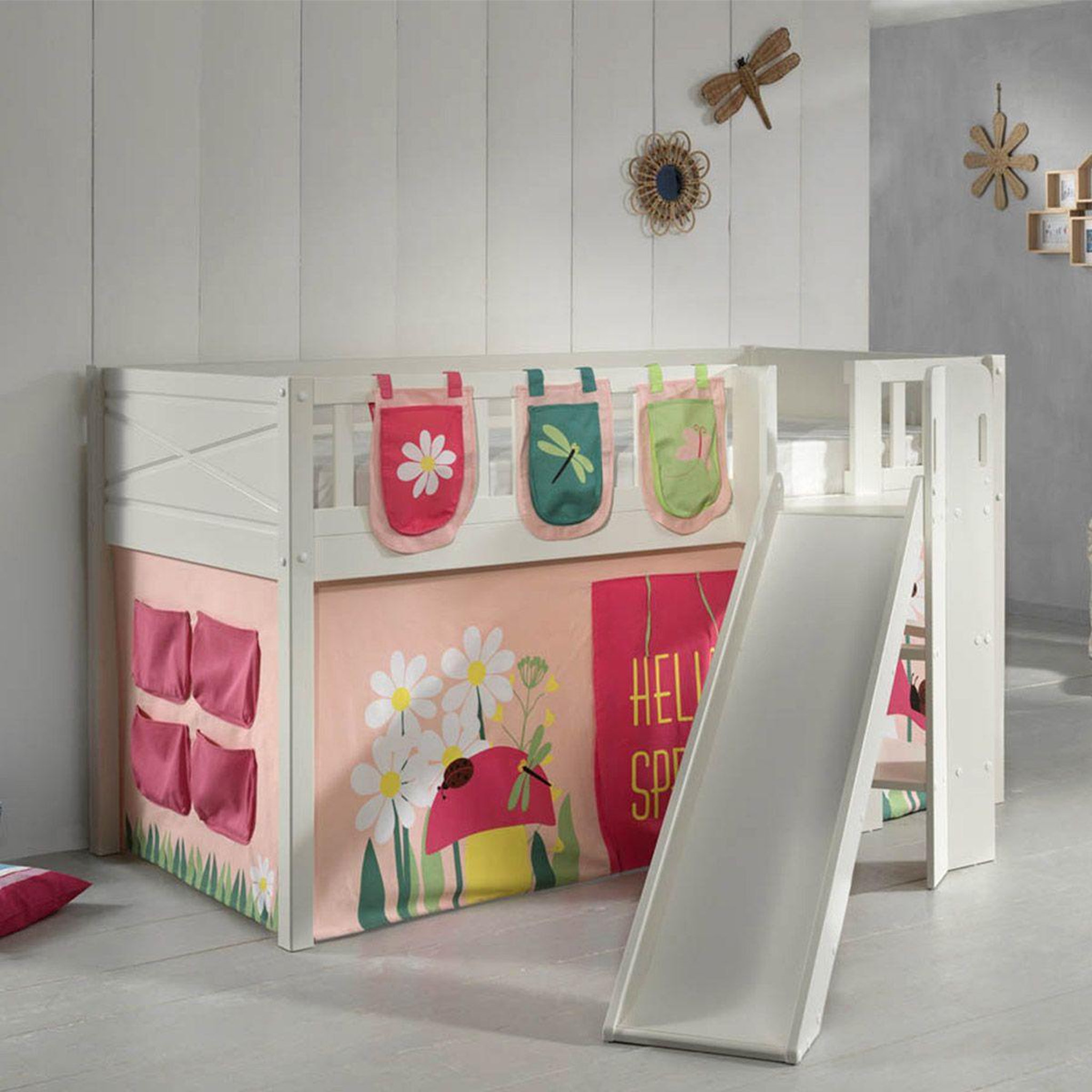 Voir la diapositive 6 : Paris Prix Lit enfant toboggan, tente & 3 pochettes  scott spring  90x200cm blanc