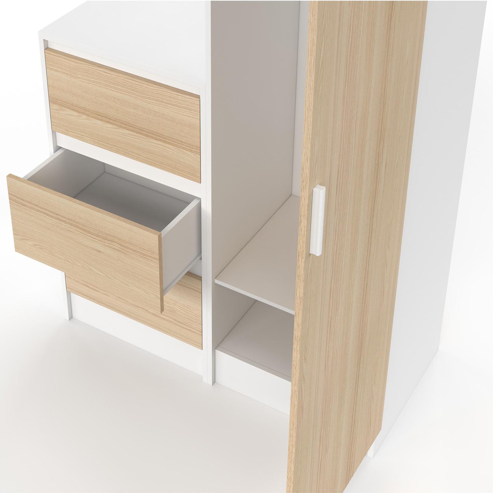 Voir la diapositive 6 : ID MARKET Armoire 1 porte ambre penderie avec commode 3 tiroirs 100 cm modulable façon hêtre et blanc