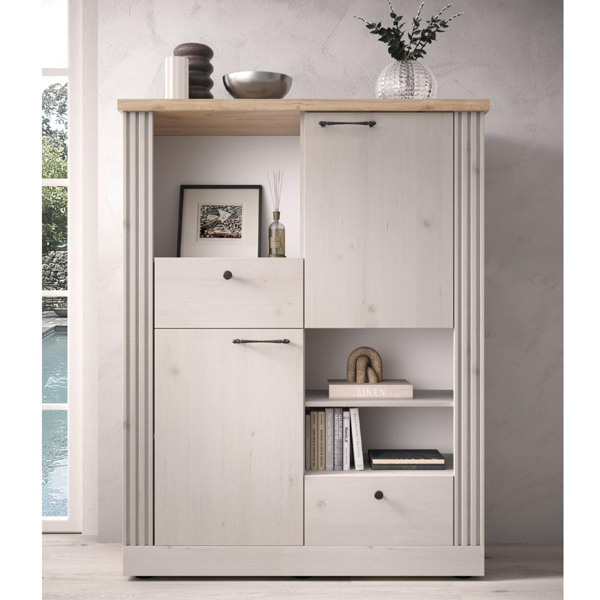 Voir la diapositive 2 : JLC KREATION Argentier moderne avec étagères coloris chêne naturel YANIS