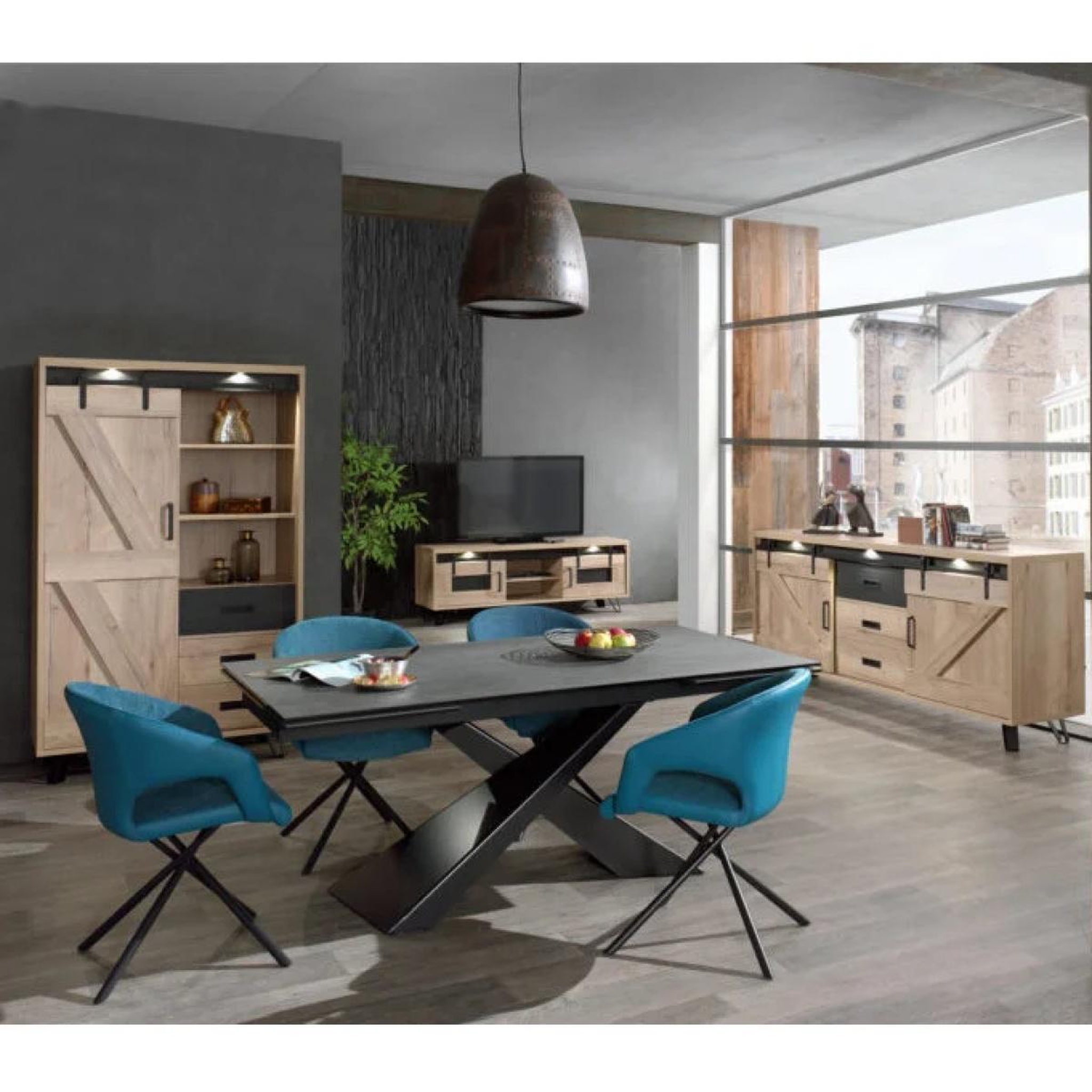Voir la diapositive 3 : JLC KREATION Buffet industriel décor chêne clair 3 portes avec LED COSTA
