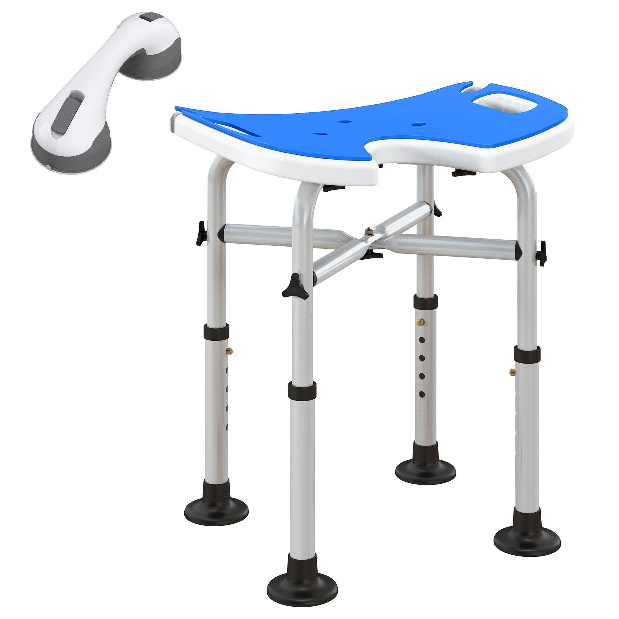HOMCOM Tabouret de douche - siège de douche avec barre d'appui ventouse - hauteur réglable - alu hdpe bleu blanc