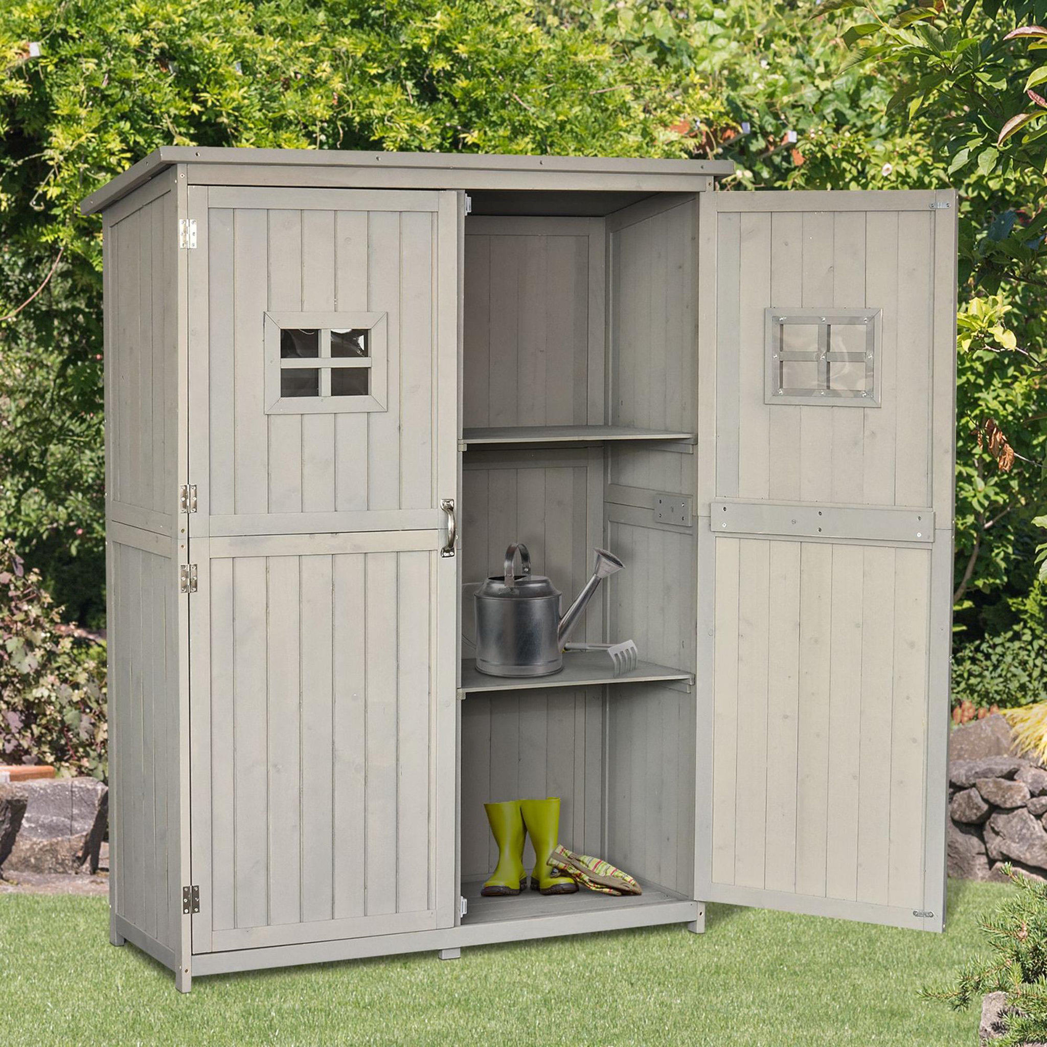 Voir la diapositive 5 : OUTSUNNY Abri de jardin armoire de jardin remise pour outils sur pied dim. 128L x 50l x 164H cm 2 étagères 2 portes 2 fenêtres toit bitumé étanche bois massif sapin pré-huilé gris